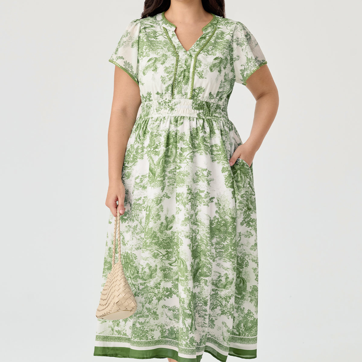 Toile de Jouy Pockets Chic Smocked Midi Dress
