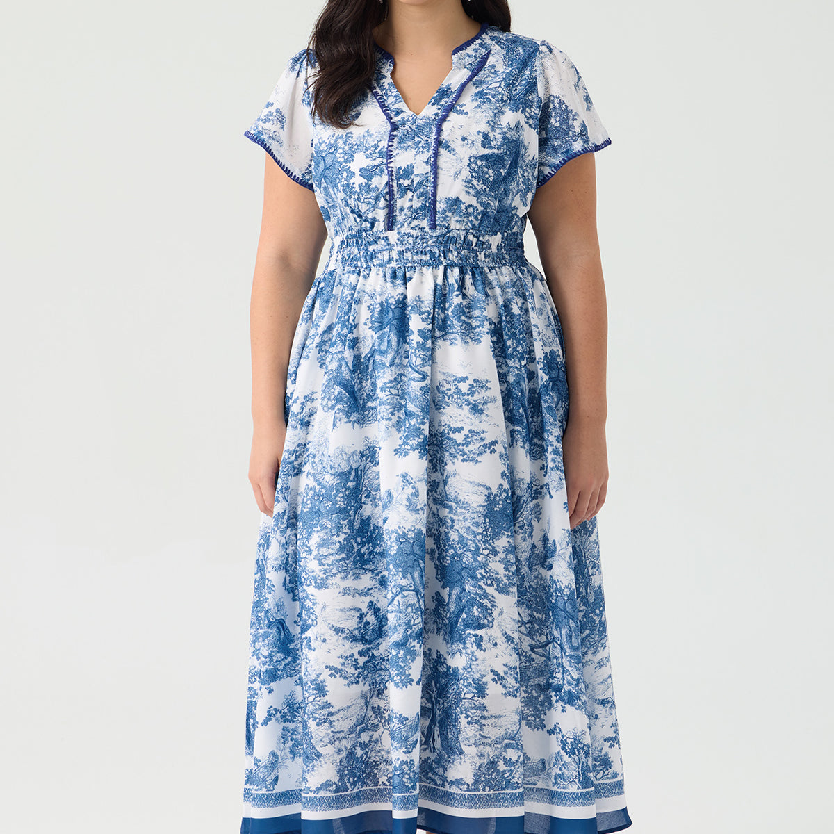 Toile de Jouy Pockets Chic Smocked Midi Dress