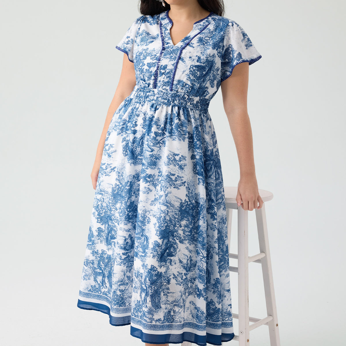 Pockets Elastic Waist Toile De Jouy Midi Dress