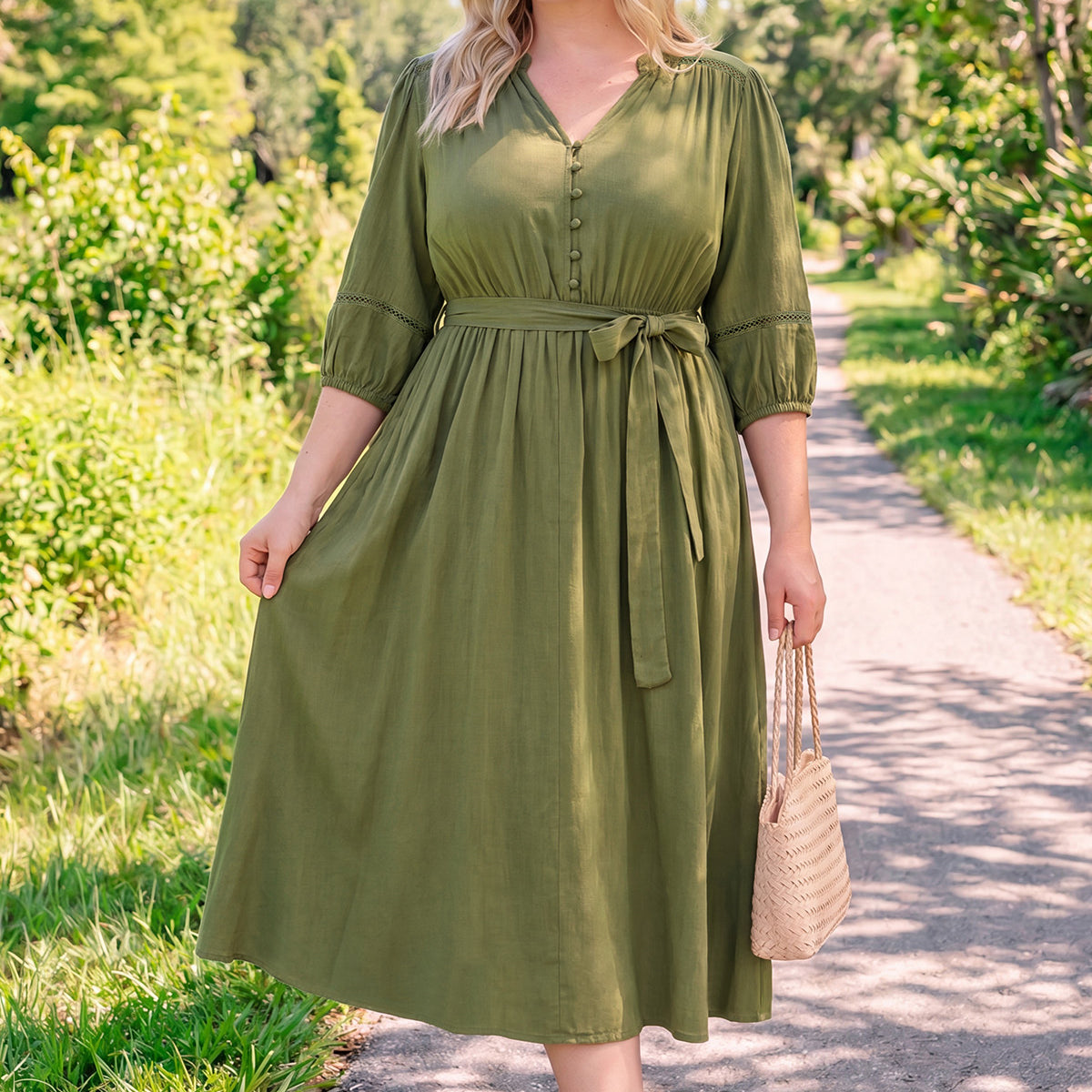 Ritera Pockets Adjustable Tie Waist Embroidered Details Green Midi Dress
