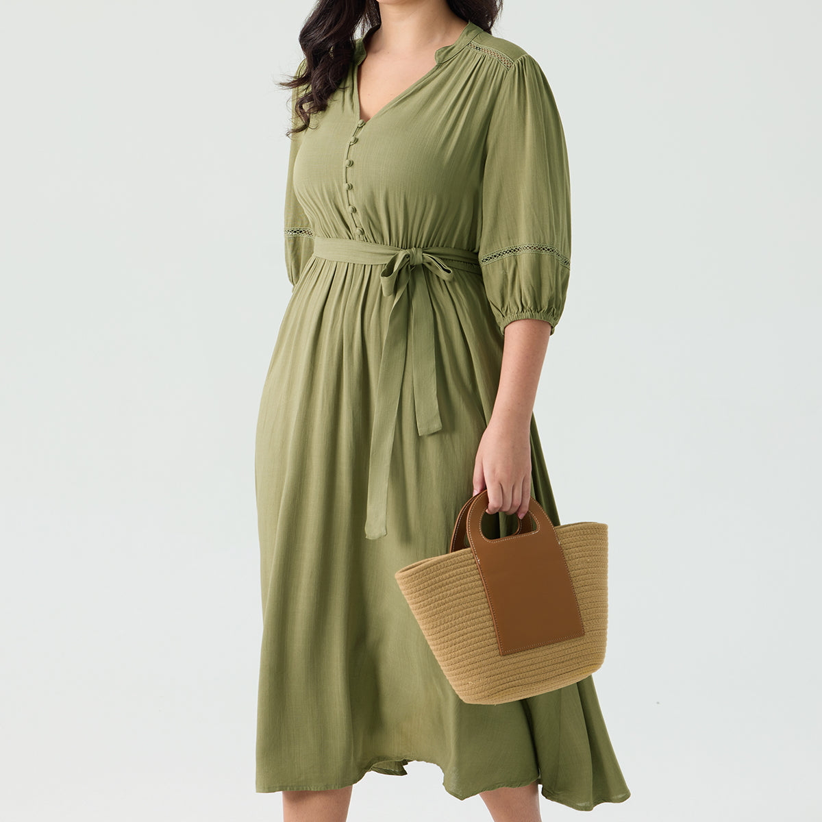 Ritera Pockets Adjustable Tie Waist Embroidered Details Green Midi Dress