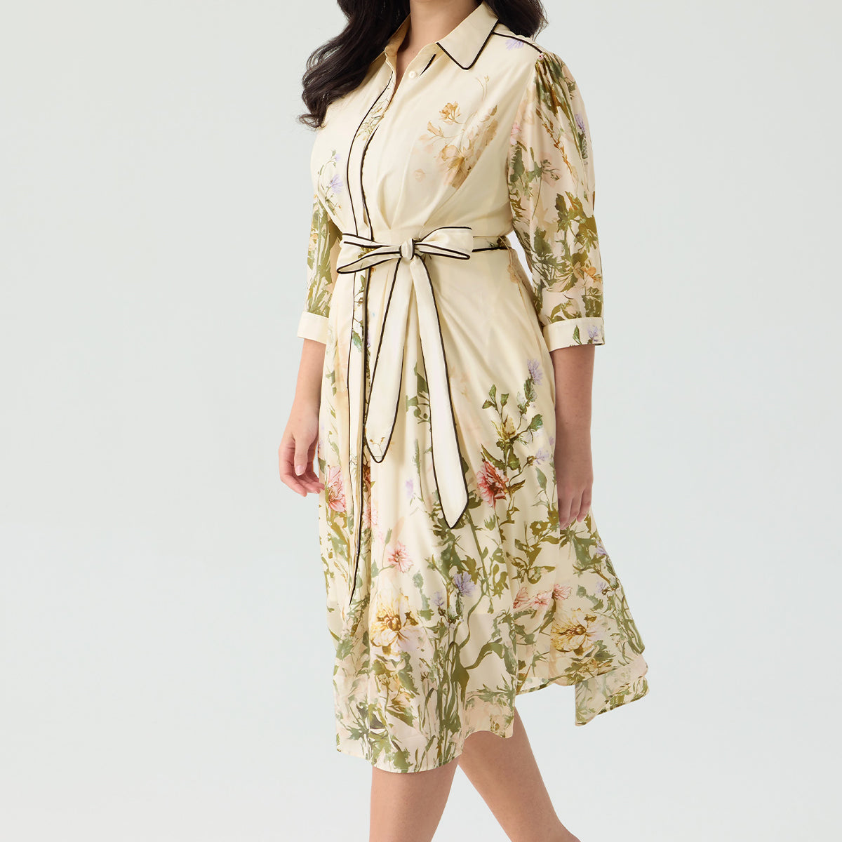 Ritera Pockets Floral Print Elegant Midi Shirt Dress with Tie Waist Belt