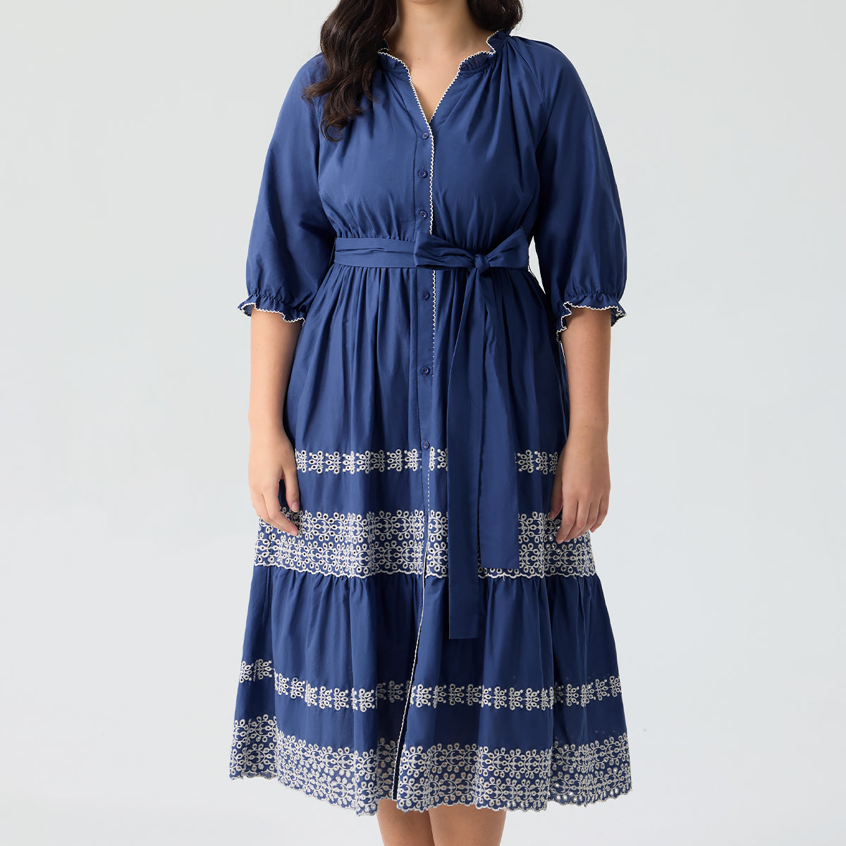 Ritera Embroidered Tiered Bohemian A-Line Shirt Dress with Belt