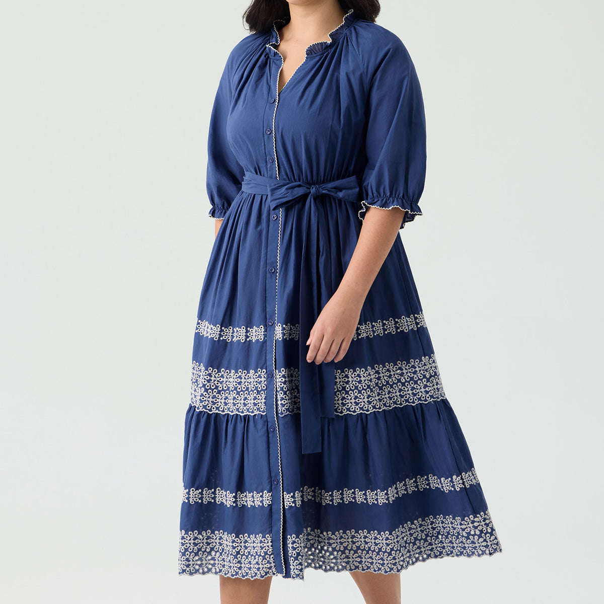 Ritera Embroidered Tiered Bohemian A-Line Shirt Dress with Belt