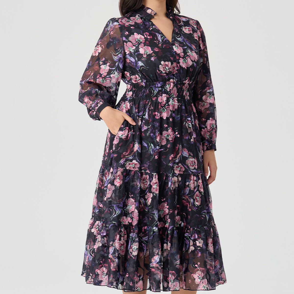 Floral Printed Textured Tiered Midi Dress