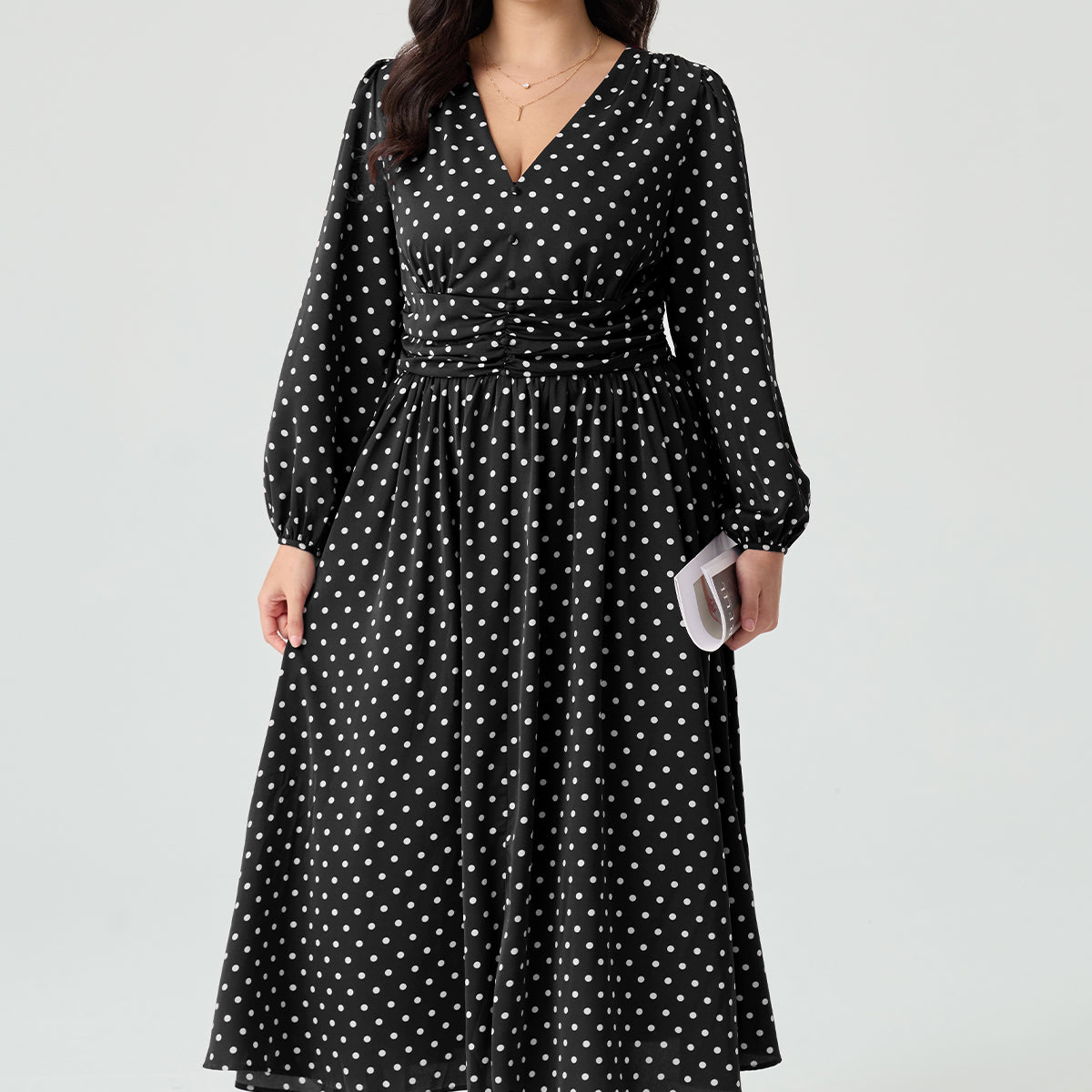 Pockets Polka Dot V-Neck Smocked Waist Midi Dress