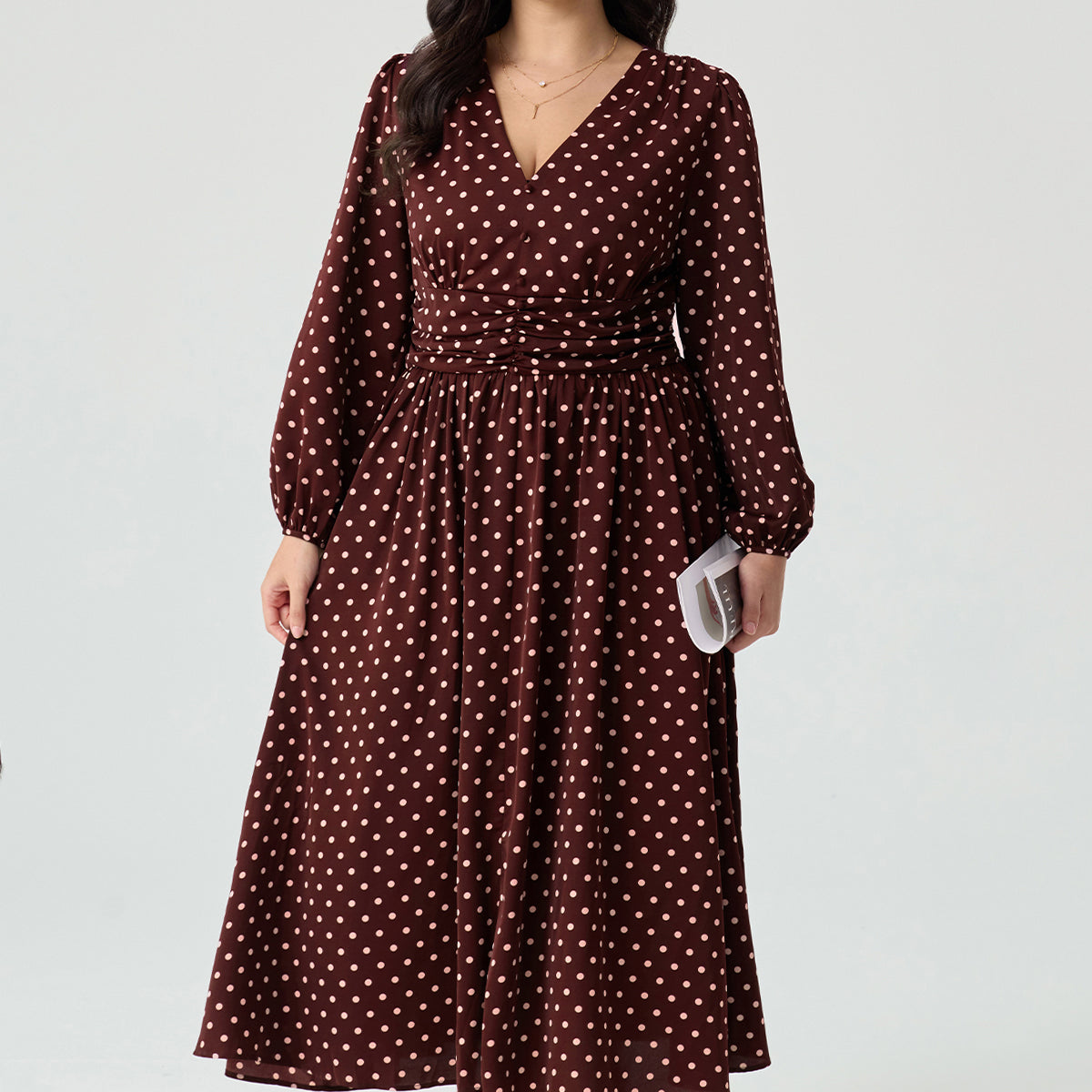 Pockets Polka Dot V-Neck Smocked Waist Midi Dress