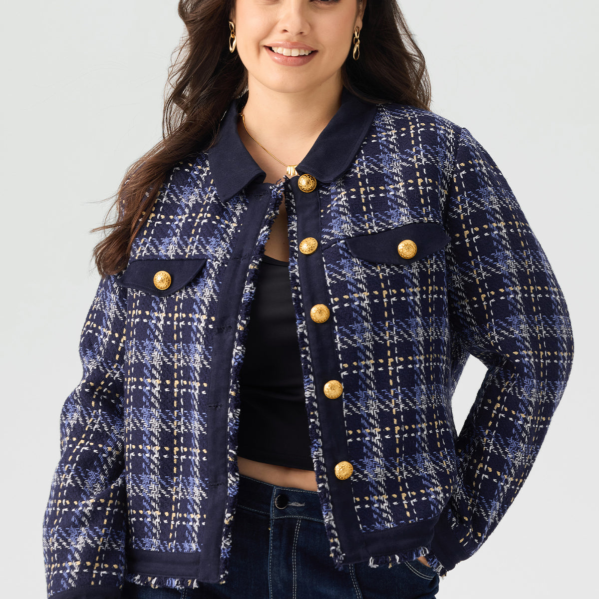 Tweed Style Plaid Button Front Jacket