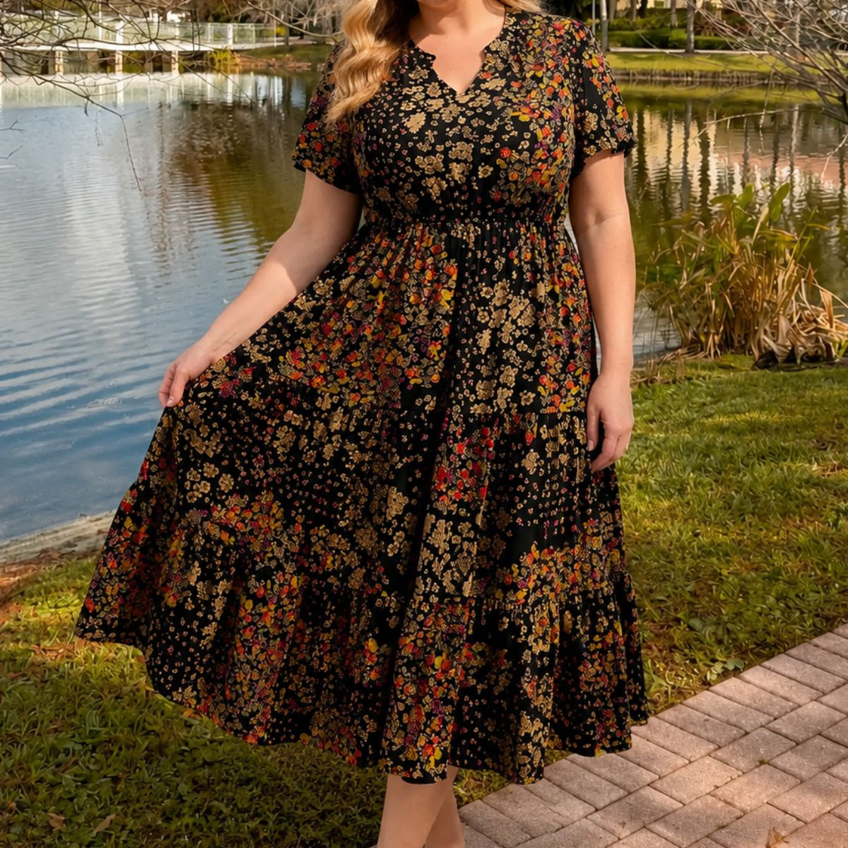 Pockets Elastic Boho Floral Midi Dress