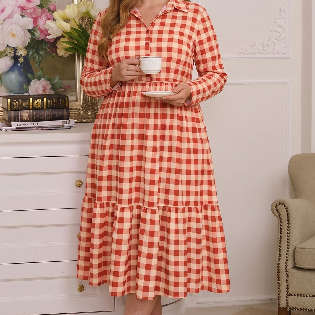 Pockets Gingham Check Print Tiered Midi Dress