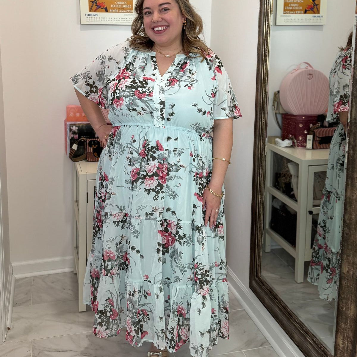 Floral Ruffled Sleeve Tiered Midi Dress