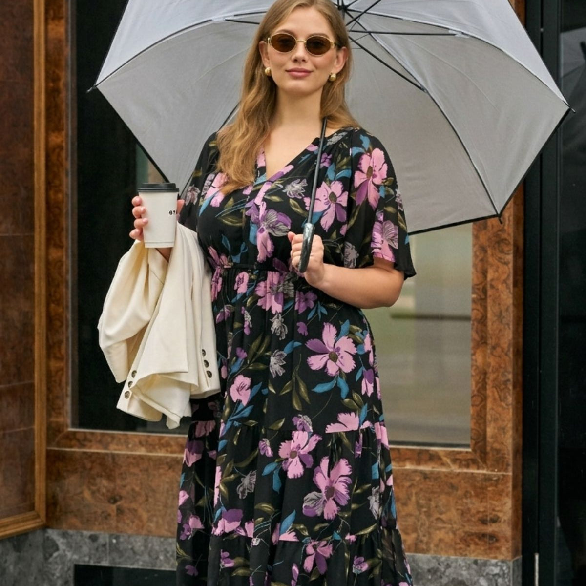 Boho Tropical Floral Elastic Waist Midi Dress