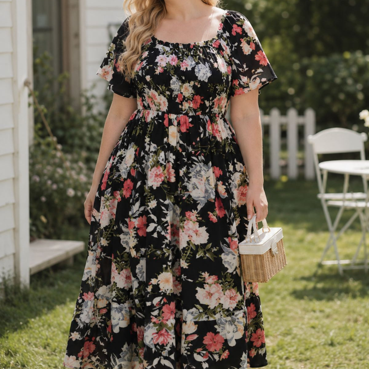 Floral Square Neck Smocked Lightweight Chiffon Midi Dress