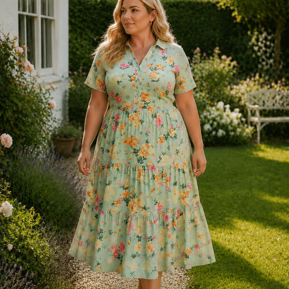 Ditsy Shirt Collar Elastic Waist Midi Dress