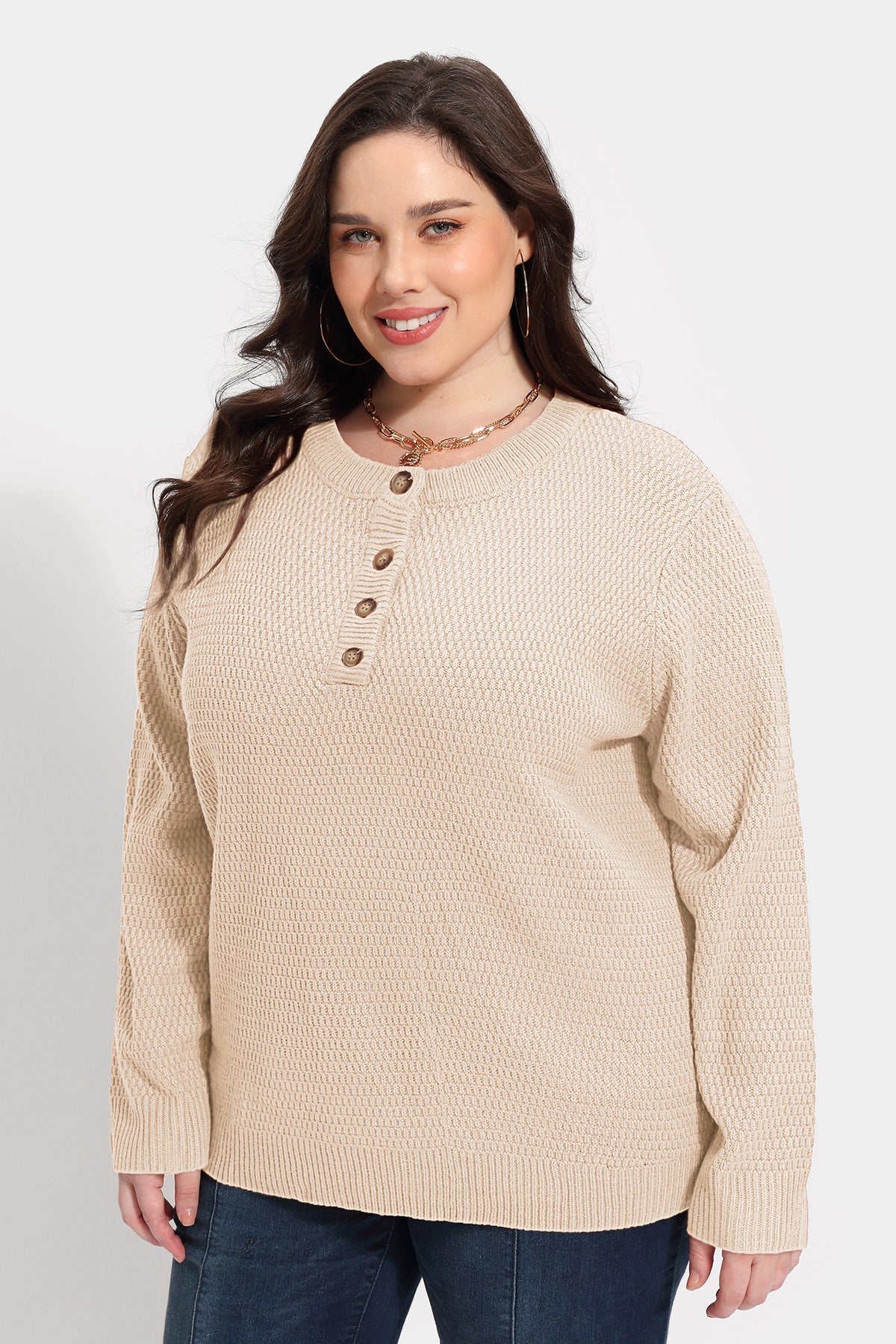 Solid Button Up Crewneck Cashmere Knitted Sweater