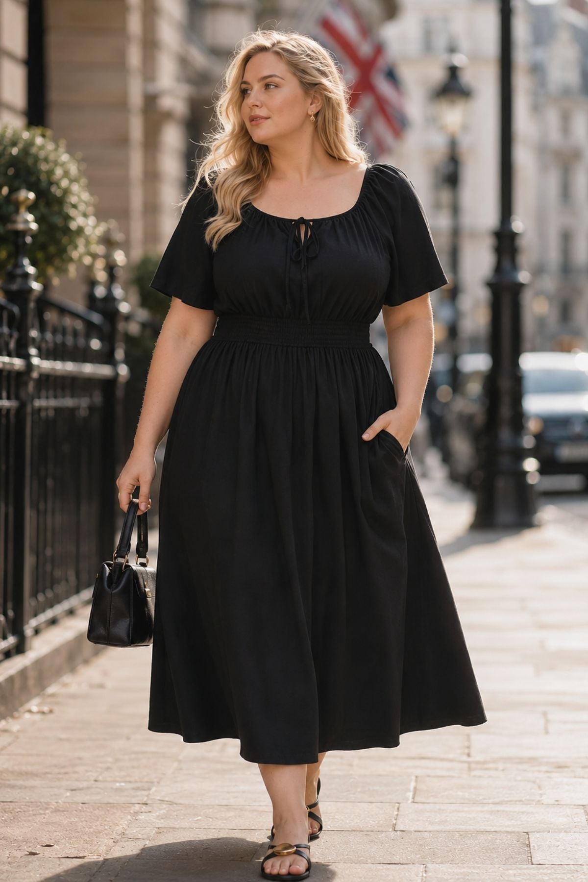 Soft Puff Sleeve Tie Front Square Neck Midi Dress