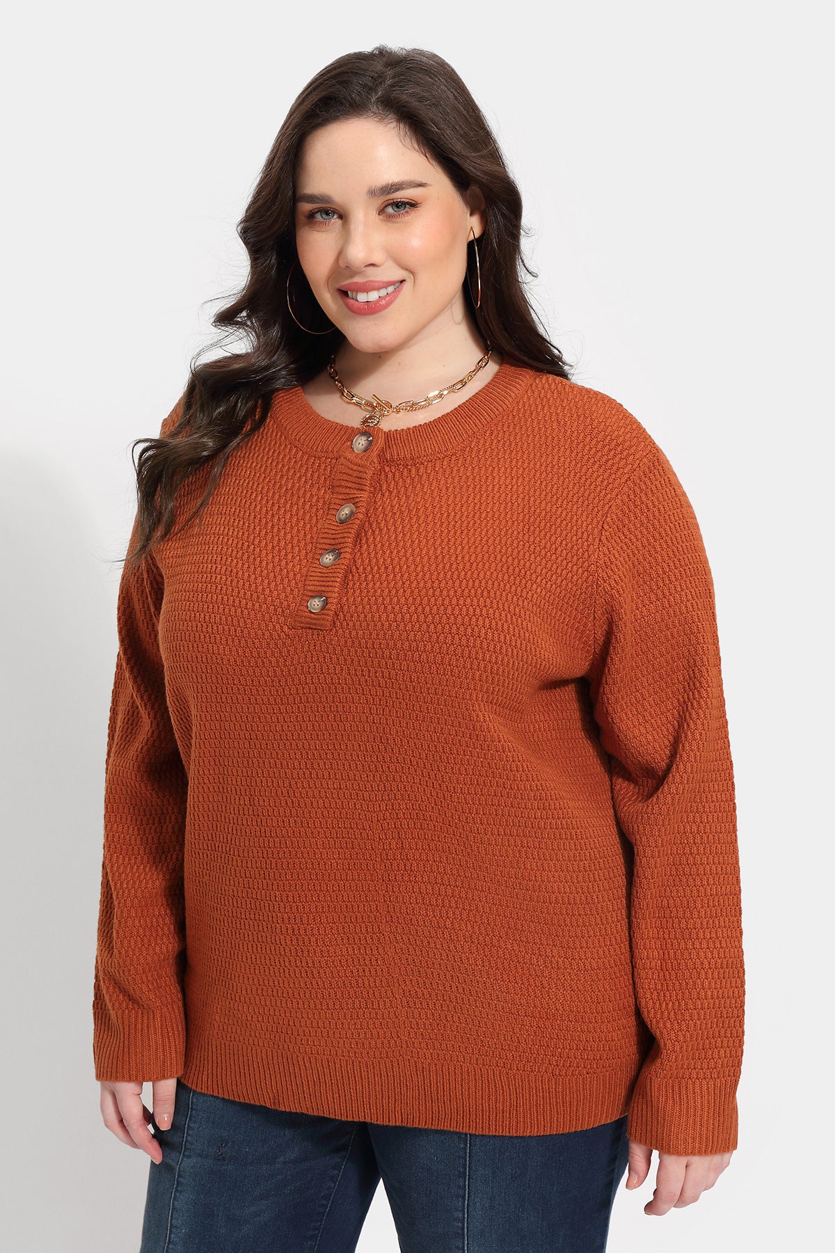 Solid Button Up Crewneck Cashmere Knitted Sweater