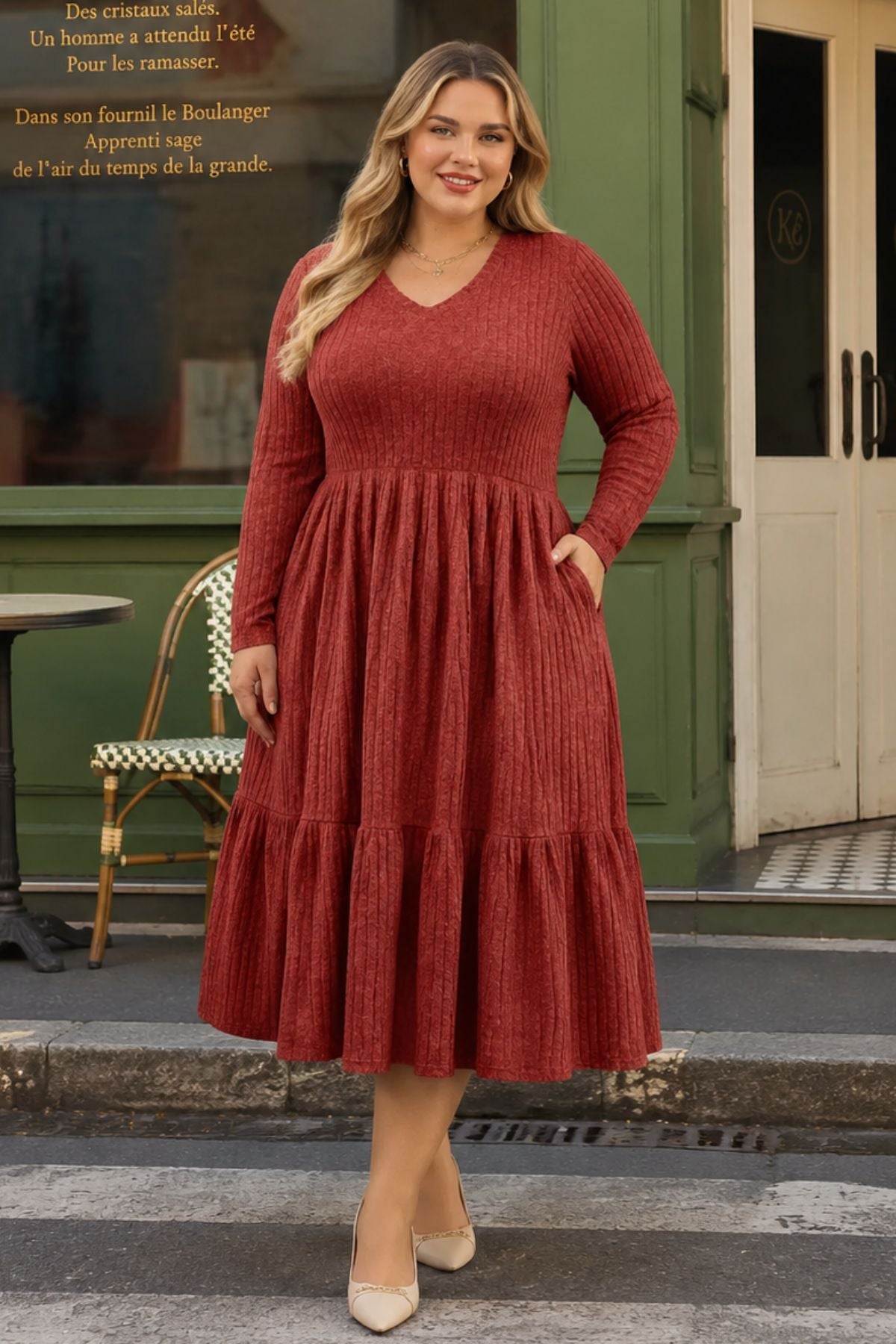 Robe mi-longue plissée en tricot côtelé uni Ritera avec ourlet à volants et poches