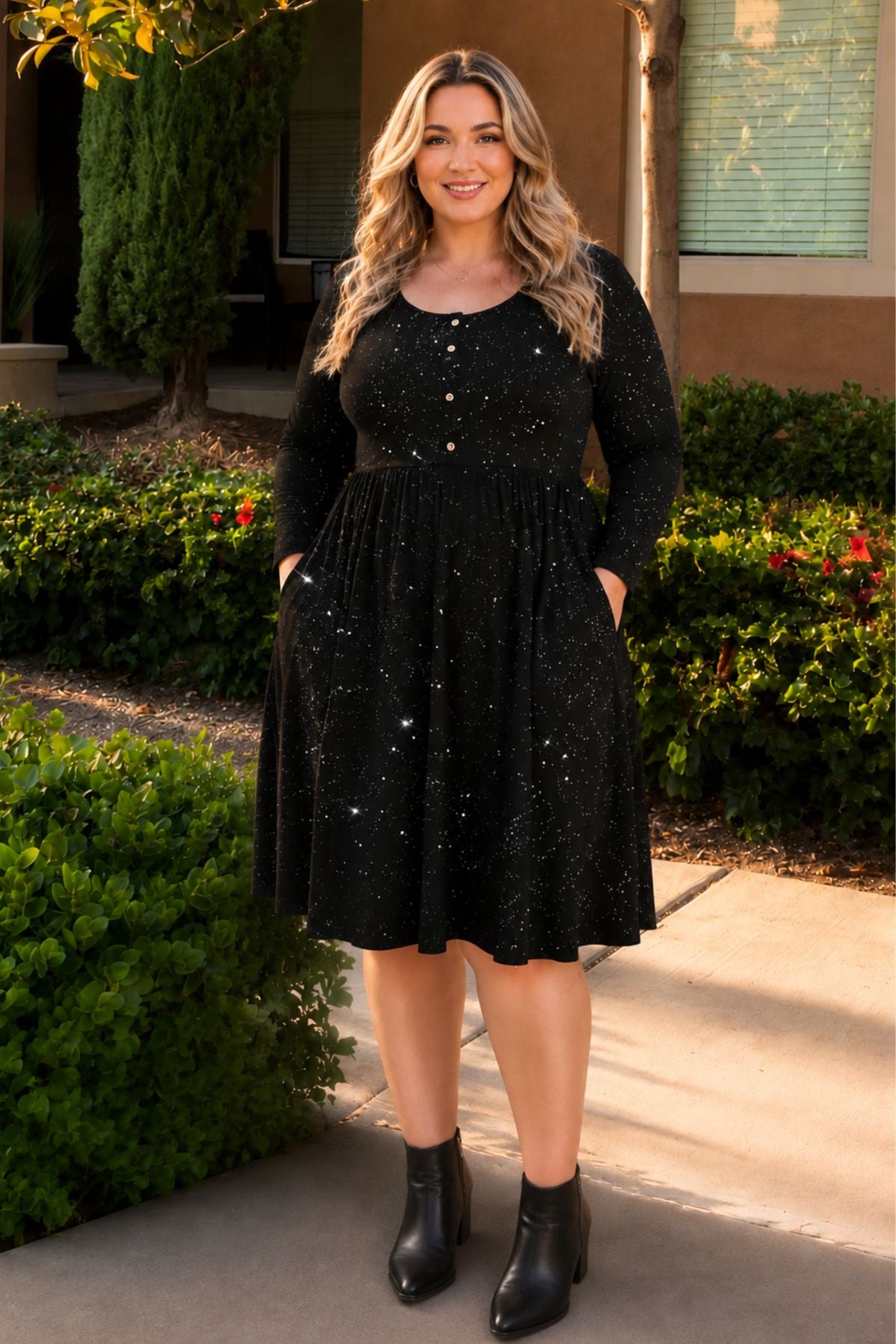 Ritera Pocket Sparkle Glitter Button Detail Midi Dress