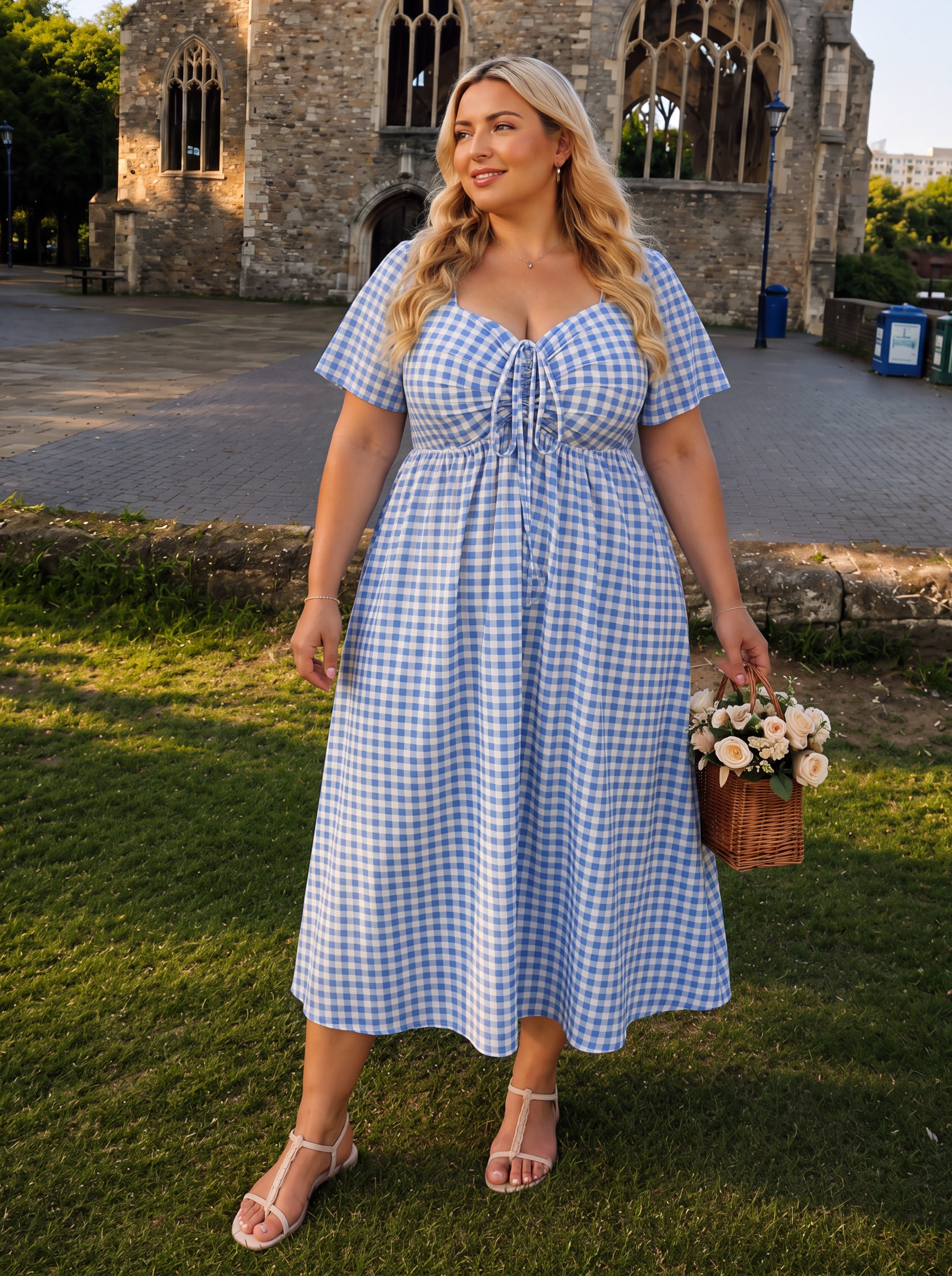 Blue Gingham Sweetheart Tie-Front Pocket Midi Dress