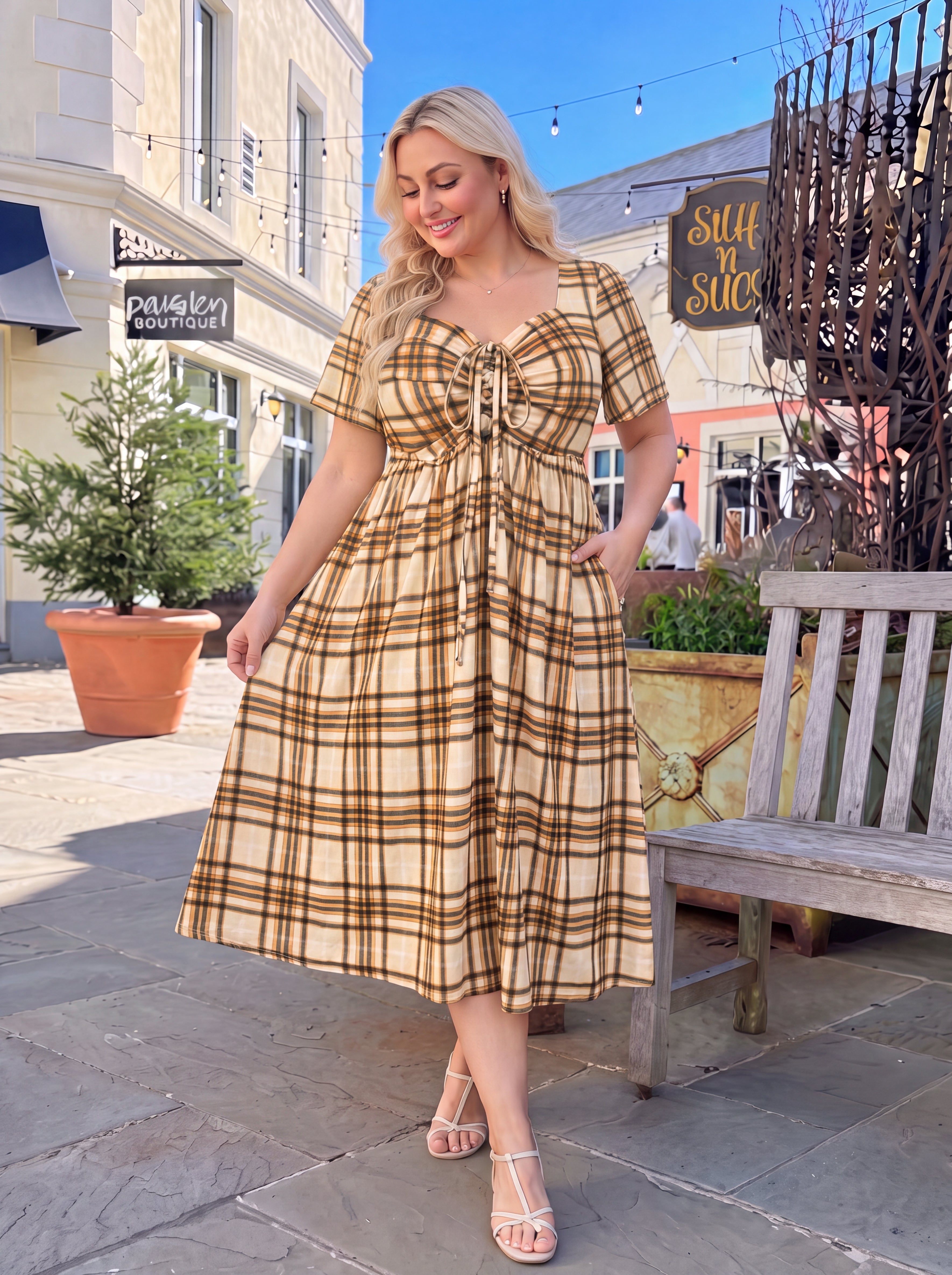 Blue Gingham Sweetheart Tie-Front Pocket Midi Dress