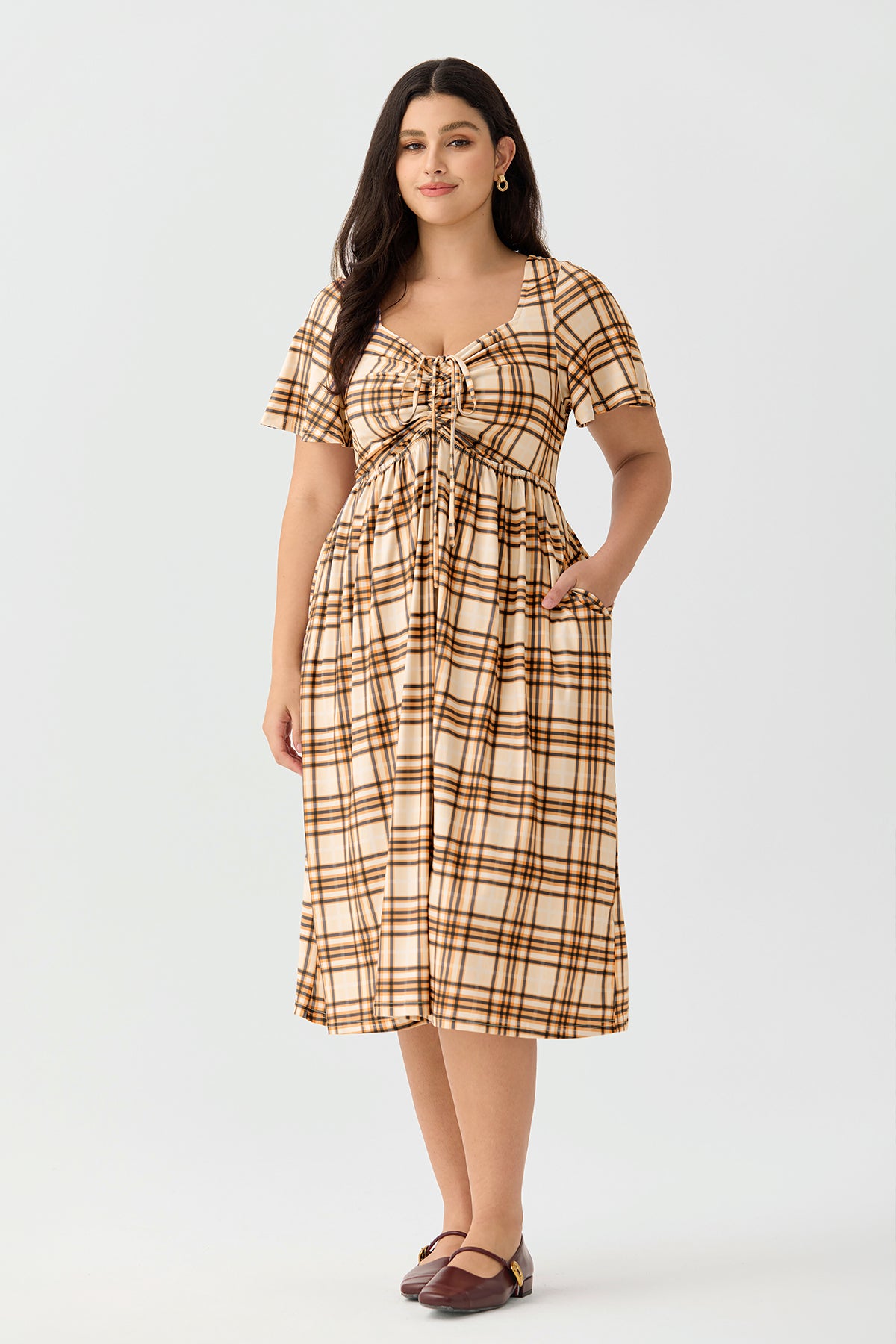 Robe mi-longue trapèze à imprimé marguerites et poches avec cordon de serrage Ritera