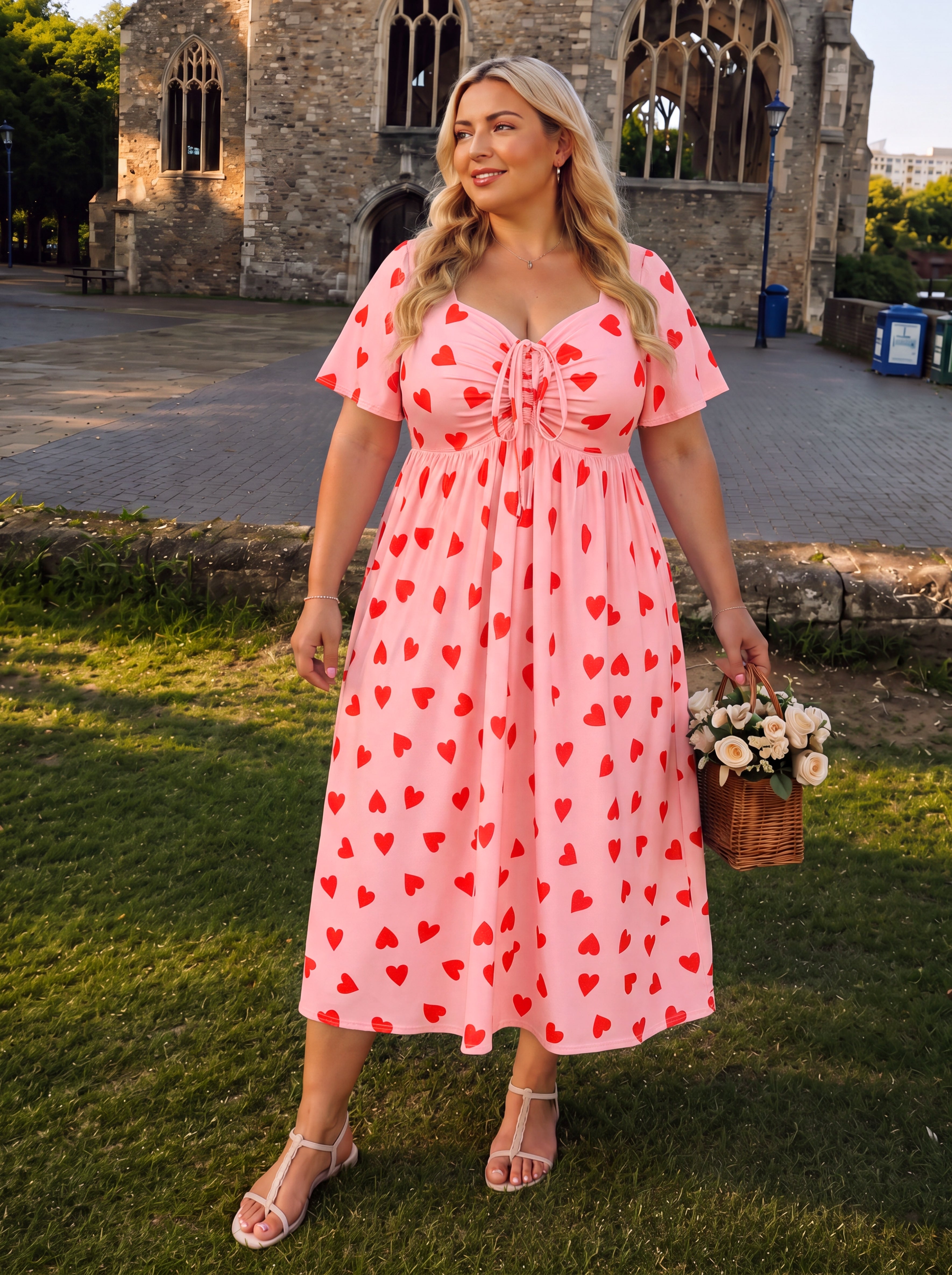 Blue Gingham Sweetheart Tie-Front Pocket Midi Dress