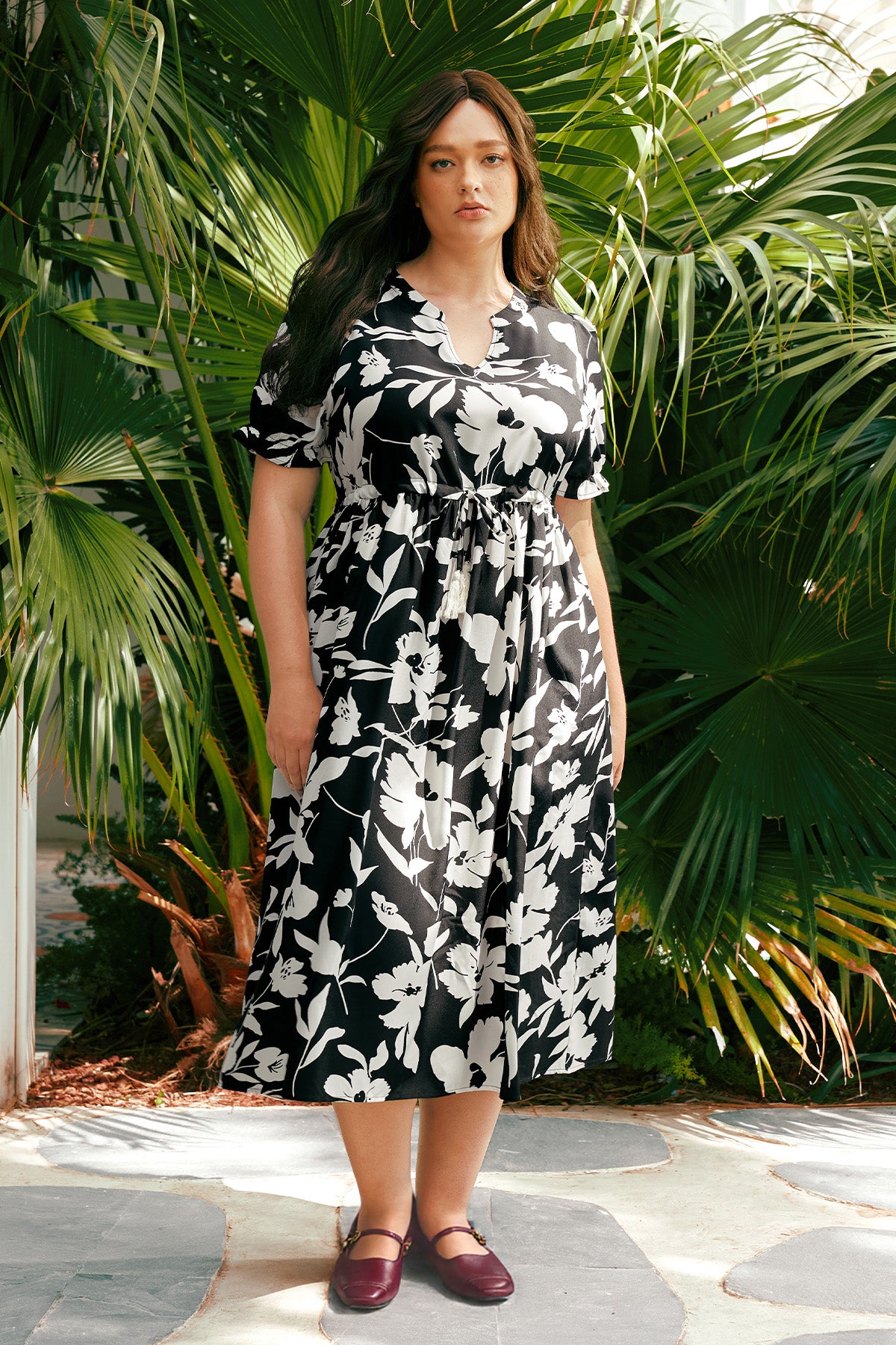 Robe mi-longue trapèze à fleurs avec cordon de serrage et poches Ritera