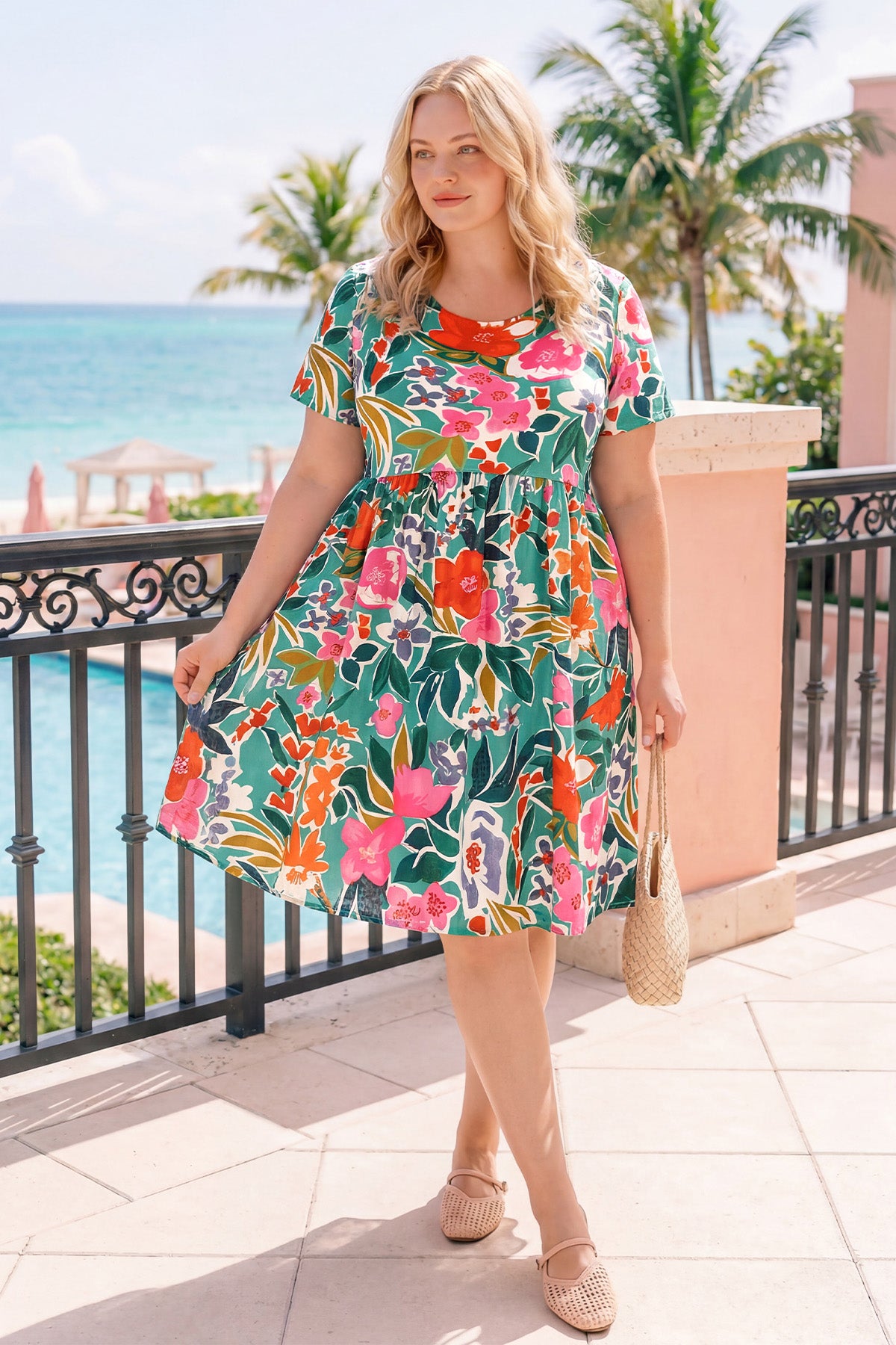 Ritera Pockets Tropical Pleated Mini Dress