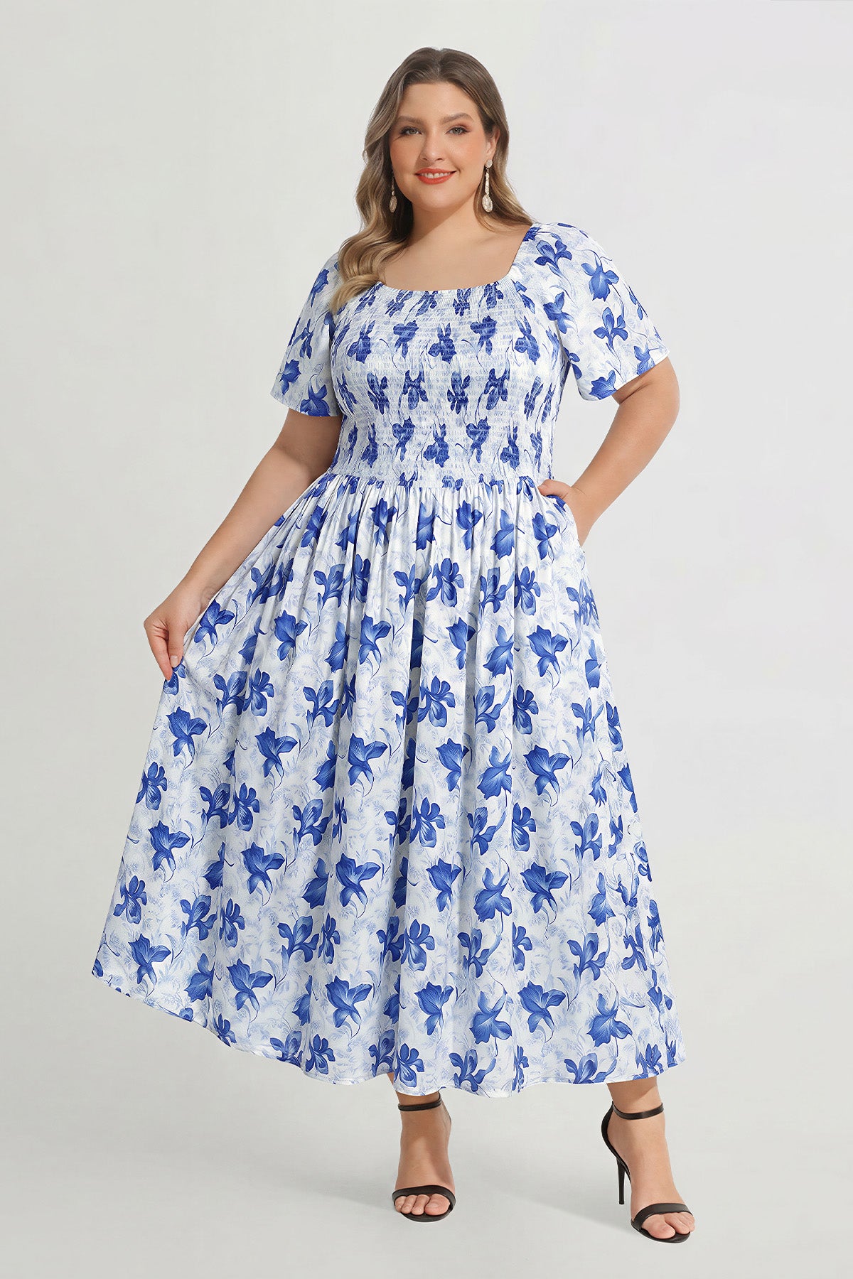 Floral Square Neck Short Sleeve Midi Dress