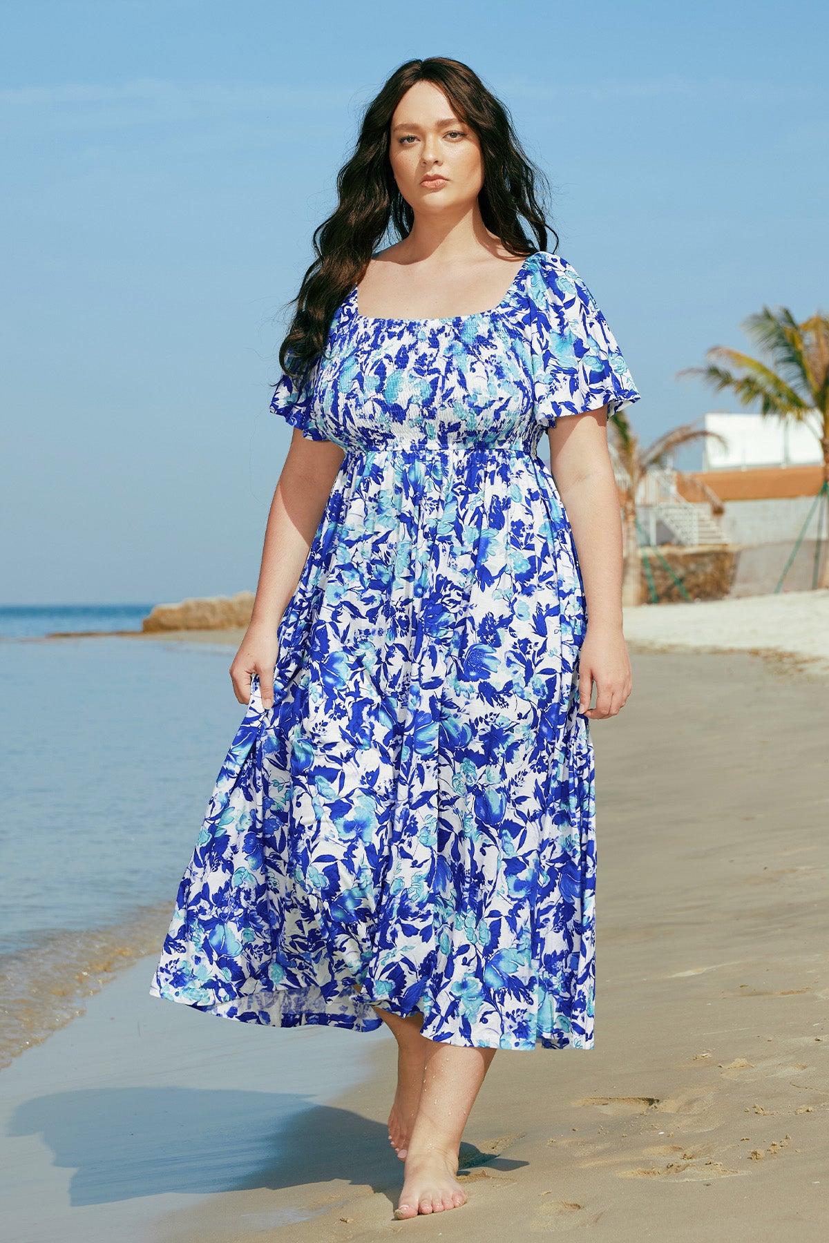 Pockets Shirred Ruched Square Neck Midi Dress