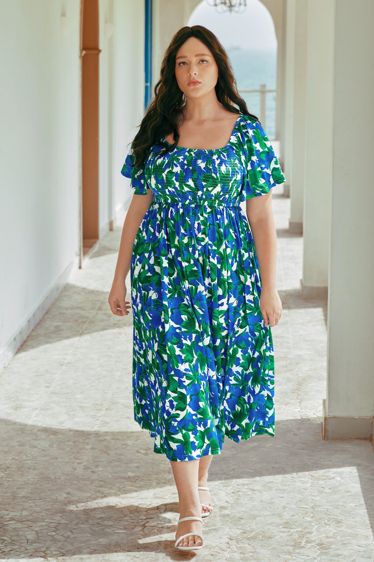 Pockets Shirred Ruched Square Neck Midi Dress