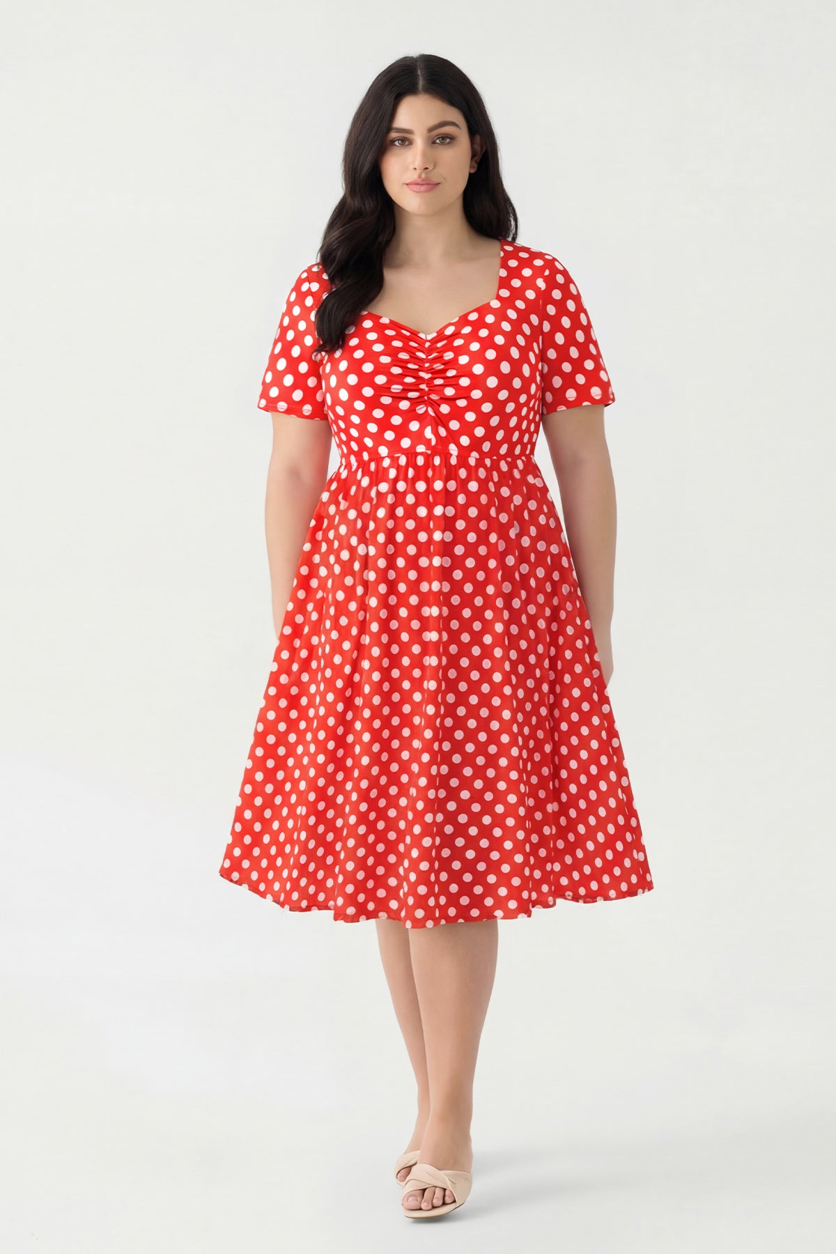 Red Polka Dot Ruched Sweetheart Midi Dress