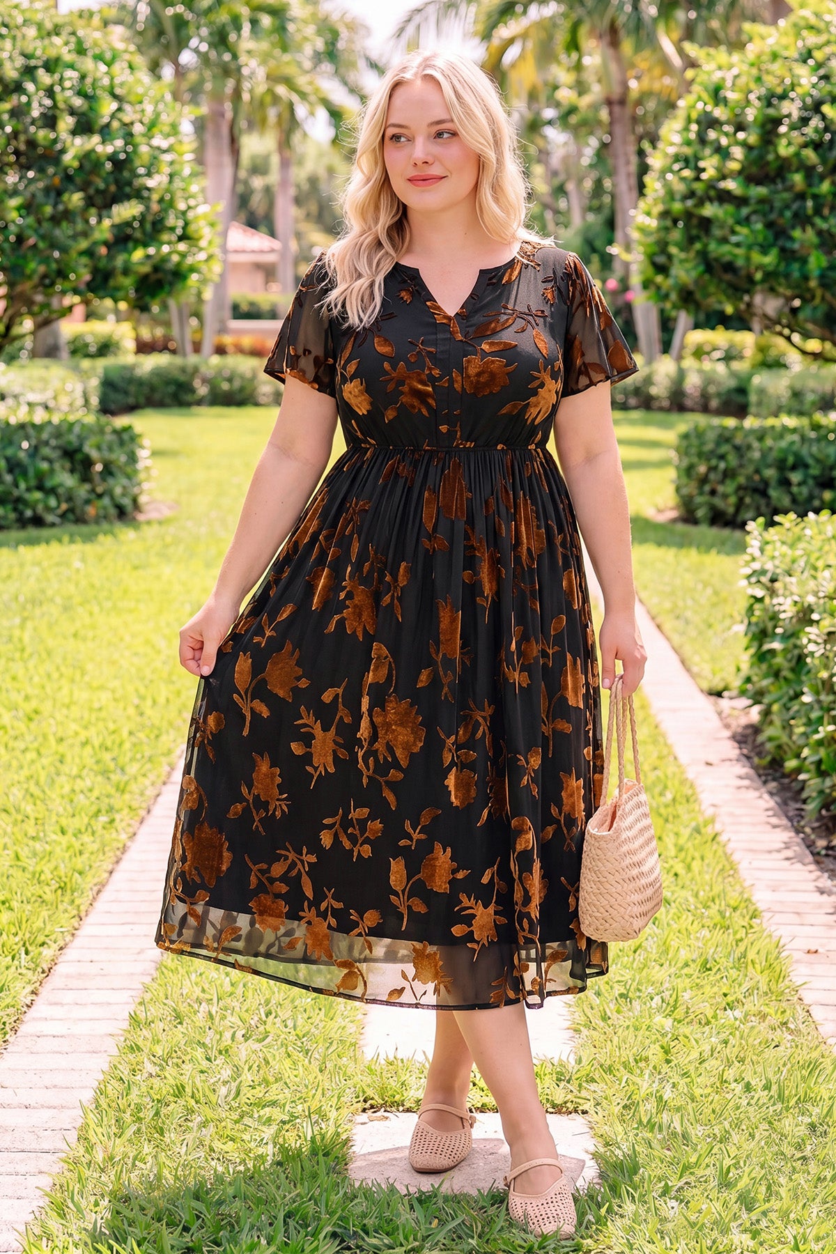 Pockets Notched V-Neck Floral Midi Dress