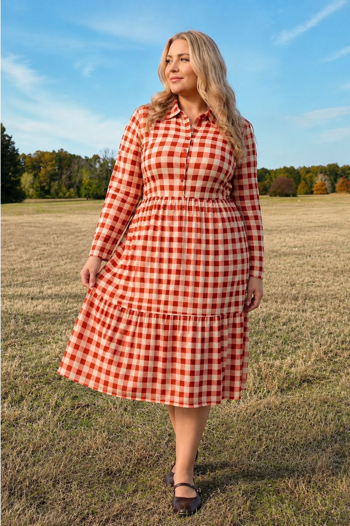 Pockets Gingham Check Print Tiered Midi Dress