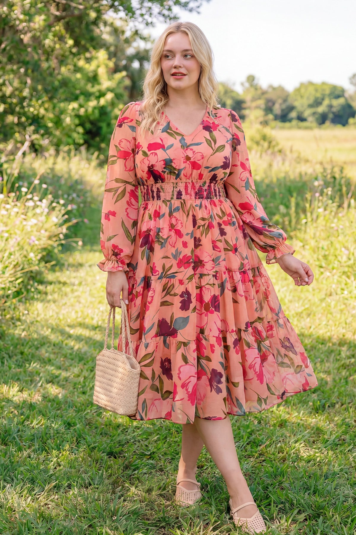 Ritera Pockets Floral Smocked Waist Long Sleeve Tiered Midi Dress