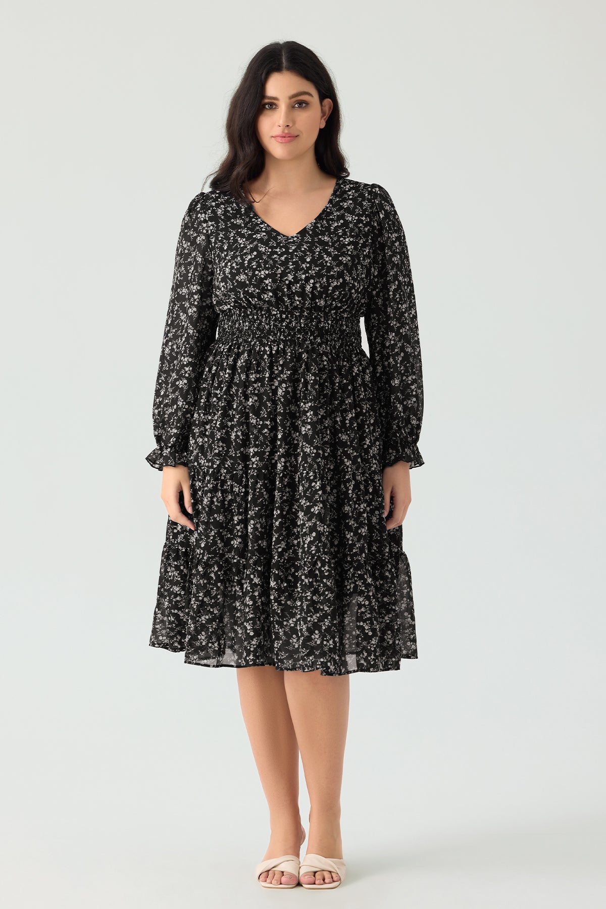 Ritera Pockets Floral Smocked Waist Long Sleeve Tiered Midi Dress