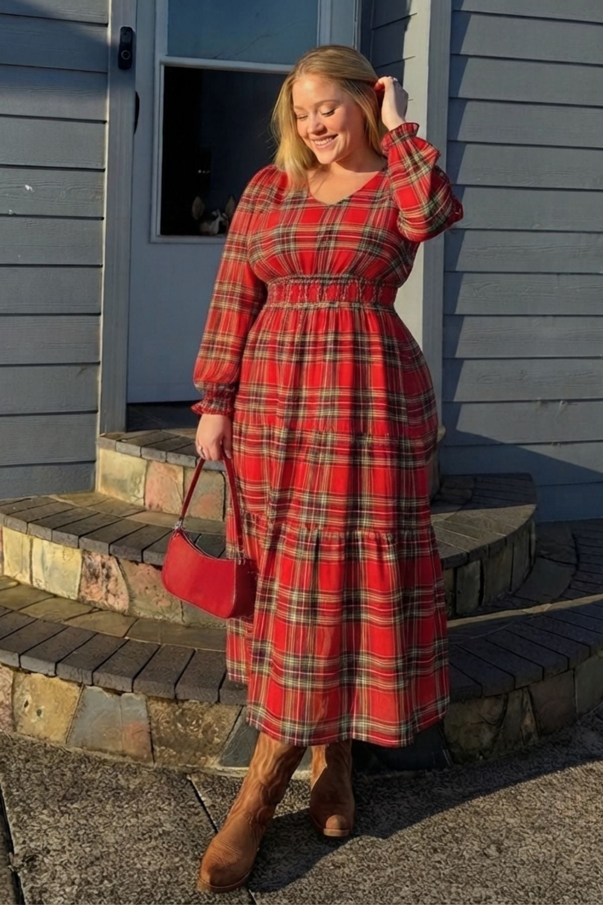 Pockets Plaid Smocked Waist Long Sleeve Tiered Midi Dress