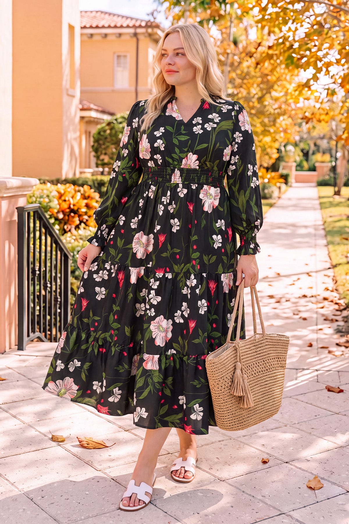 Vintage Floral Smocked Waist Midi Dress