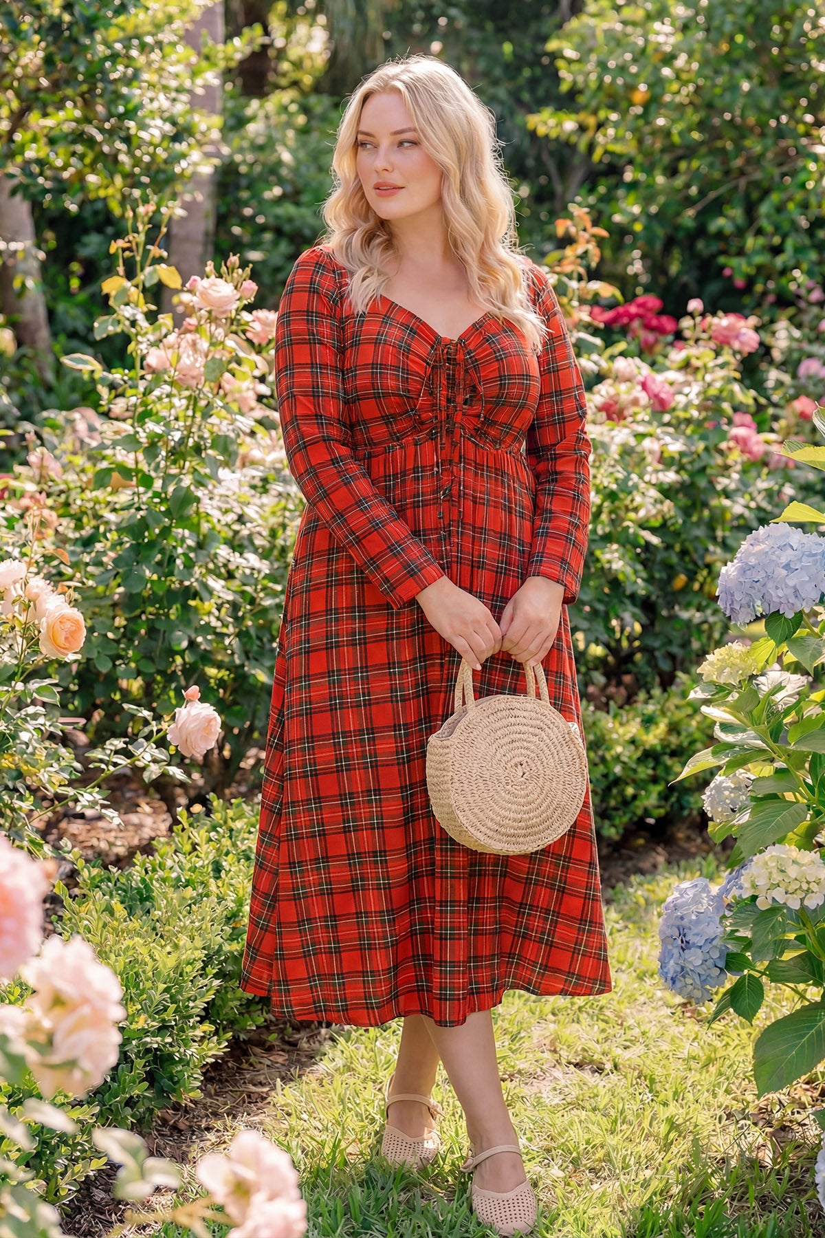Plaid Print Drawstring Tie-Front Midi Dress