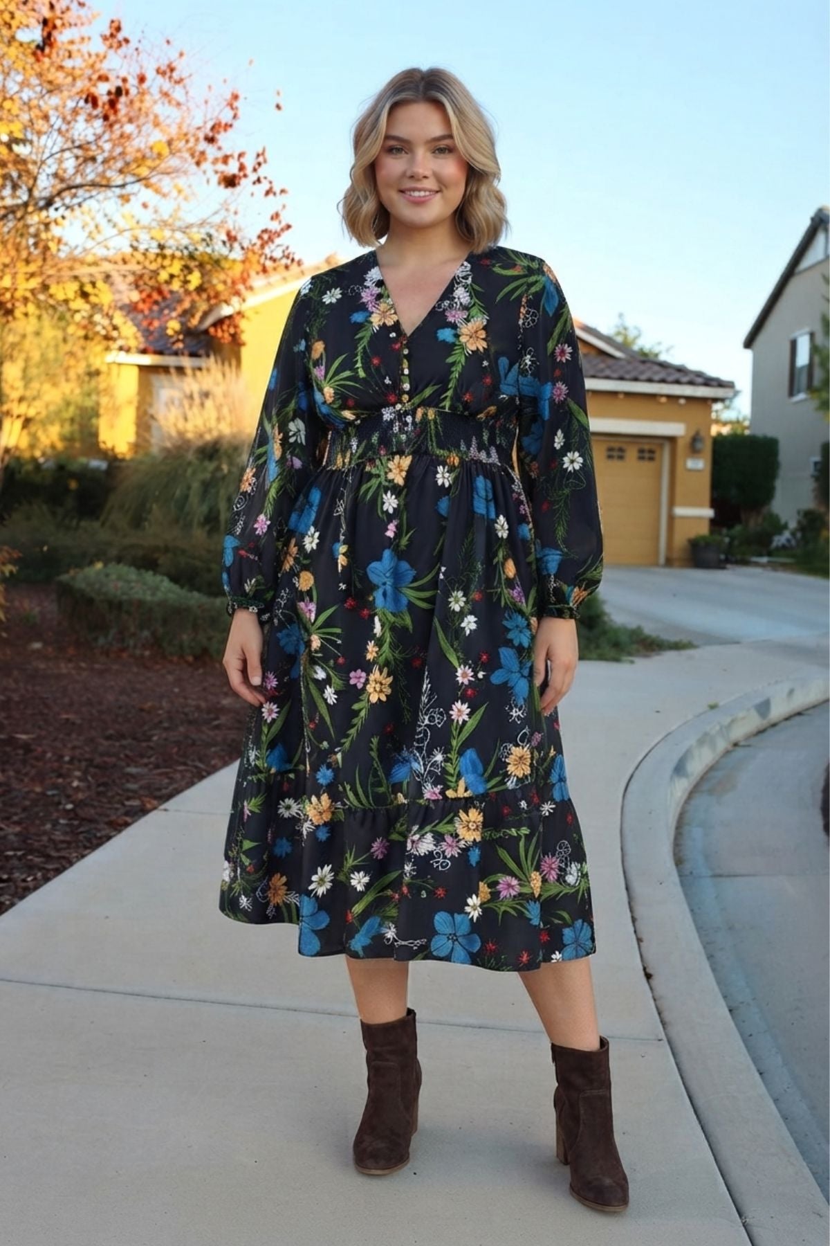 Ritera Pockets Bohemian Smocked A-Line Midi Dress