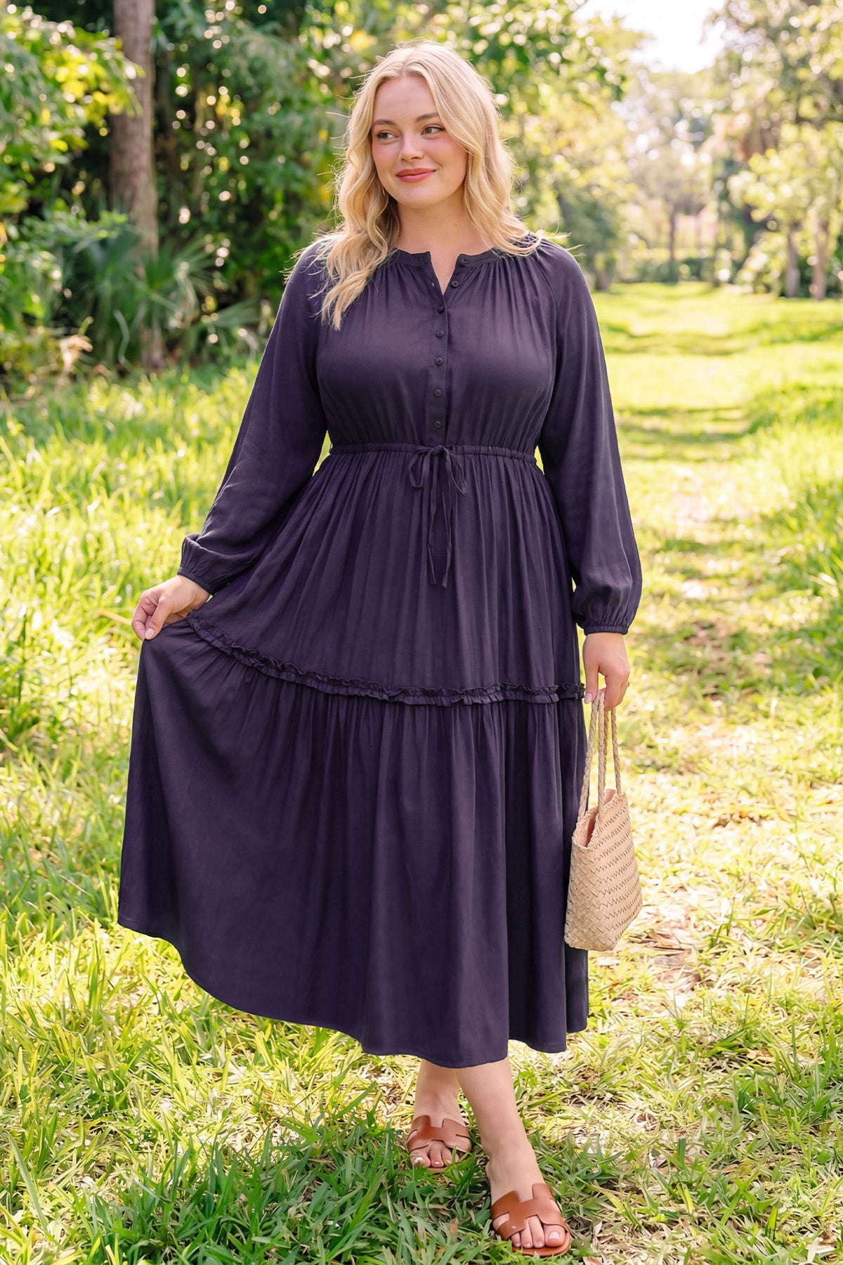 Ritera Pockets Navy Blue Drawstring Waist Tiered Midi Dress