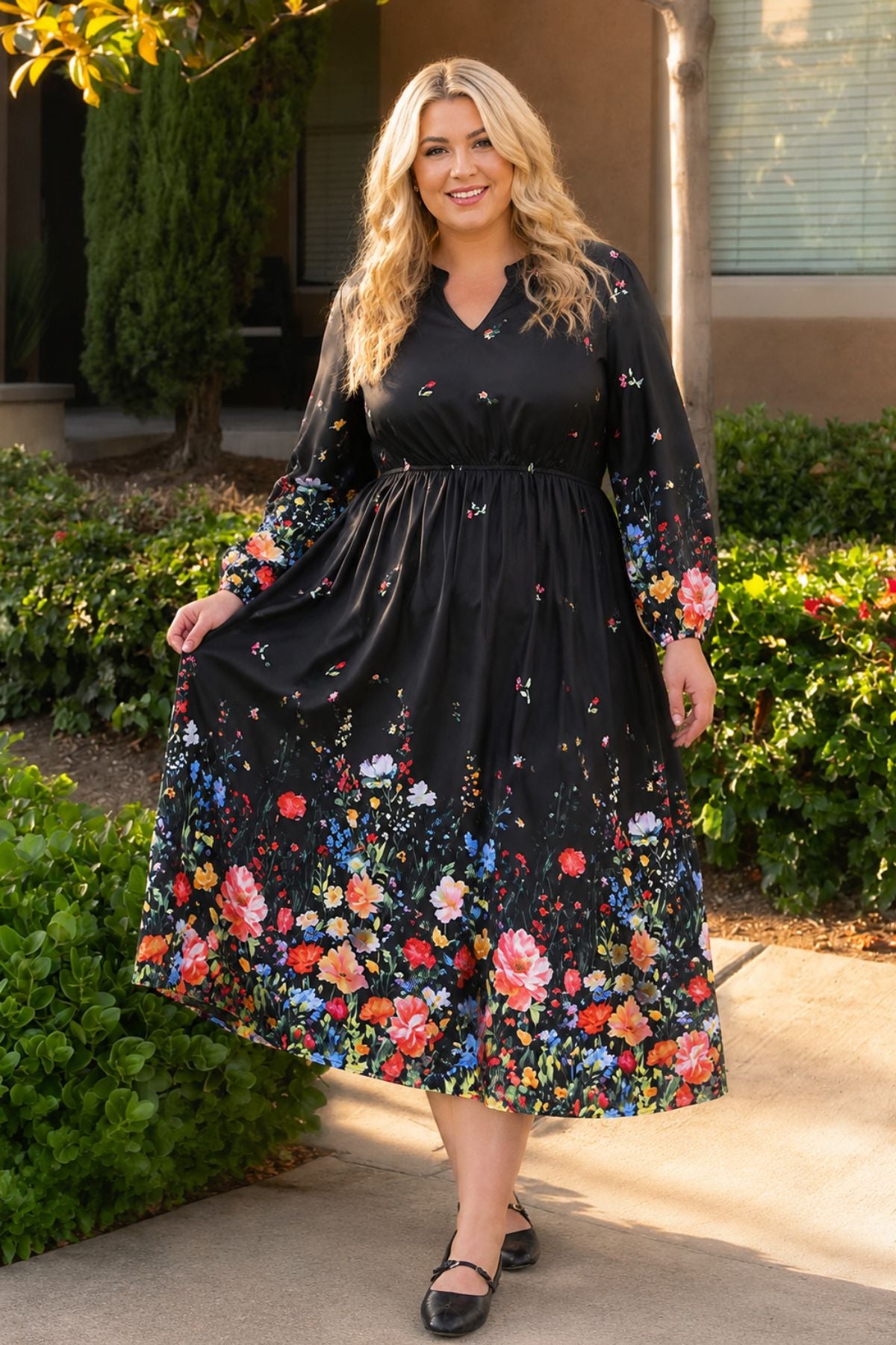 Ritera Pockets Cinched Waist A-Line Floral-Print Midi Dress