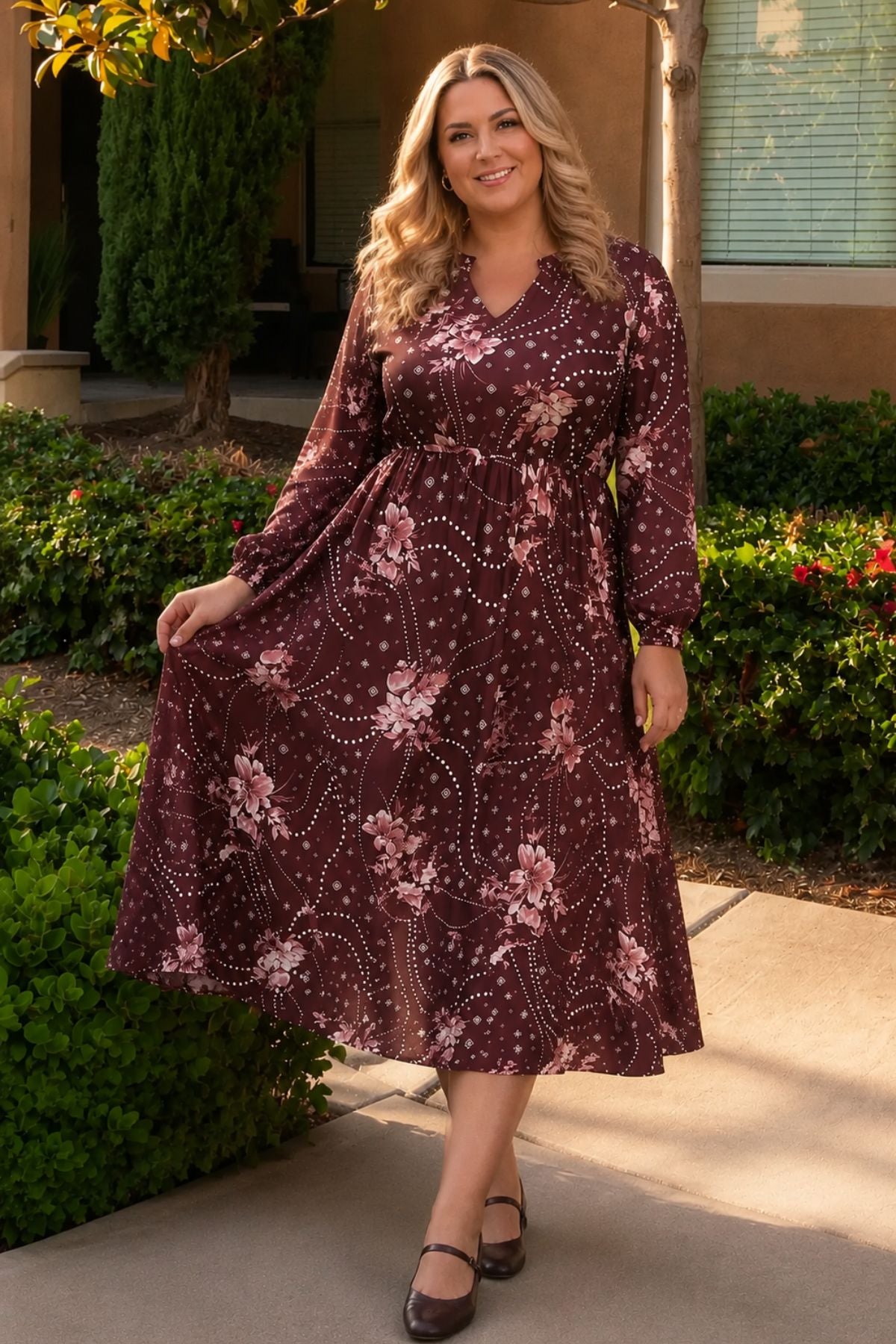 Ritera Pockets Cinched Waist A-Line Floral-Print Midi Dress