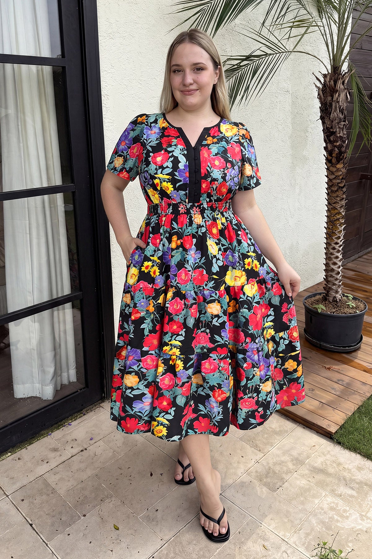 Two-Tone Tropical Floral Elastic Waist Midi Dress