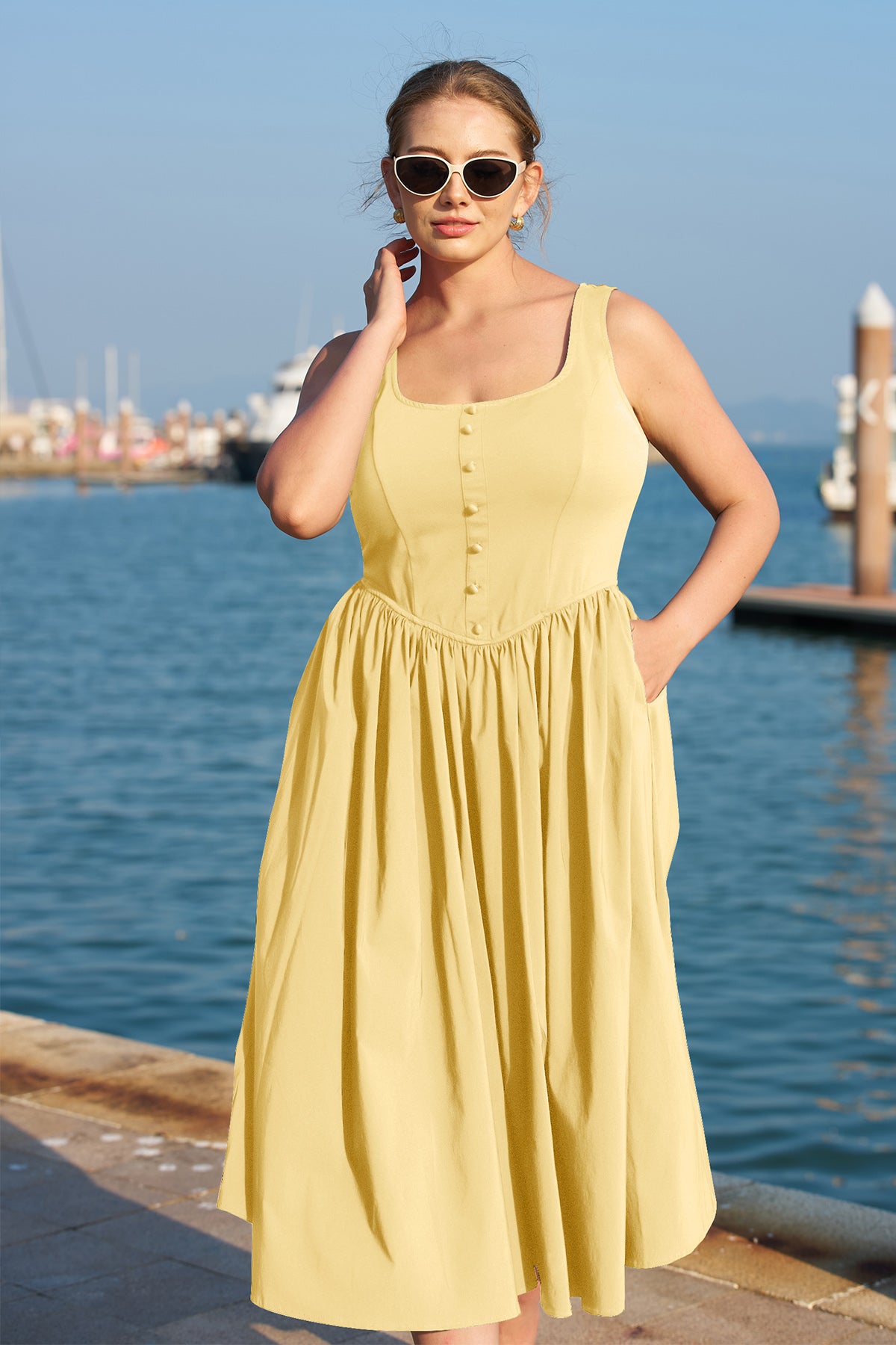 Lemon Yellow Square Neck Pocket Tank Elastic Waist Midi Dress