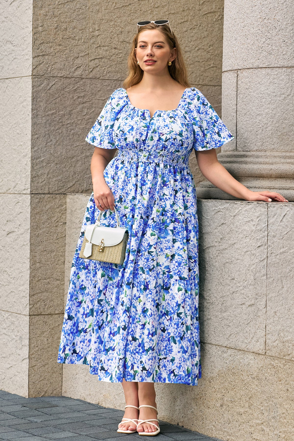 Hydrangea Print Square Neck Elastic Smocked Waist Midi Dress