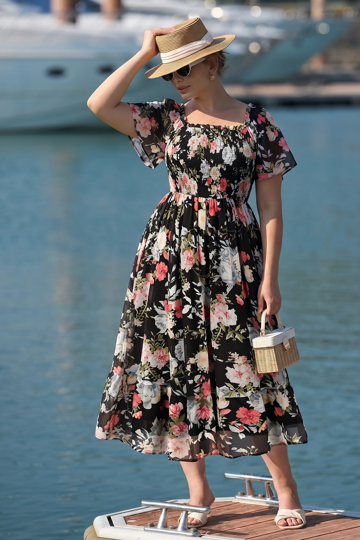 Floral Square Neck Smocked Lightweight Chiffon Midi Dress
