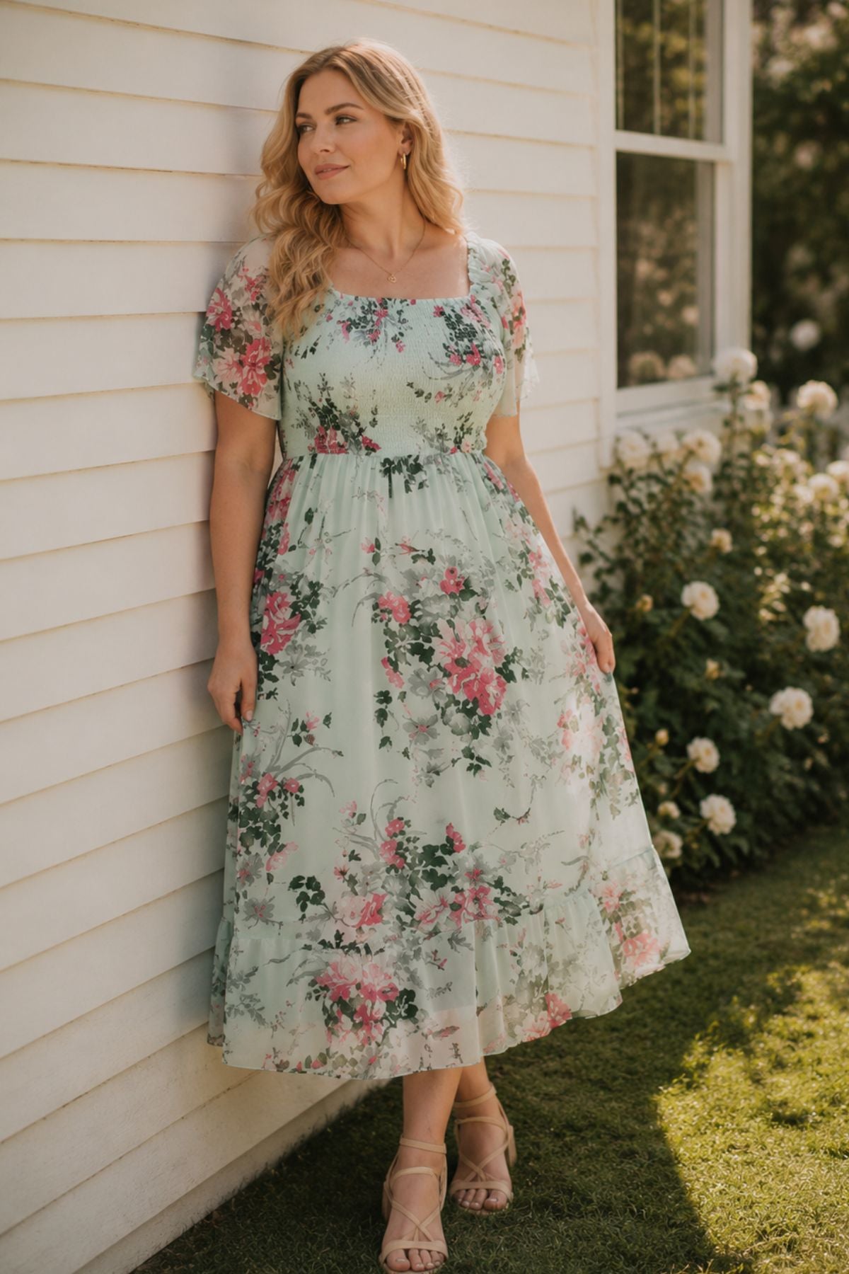 Floral Square Neck Smocked Lightweight Chiffon Midi Dress