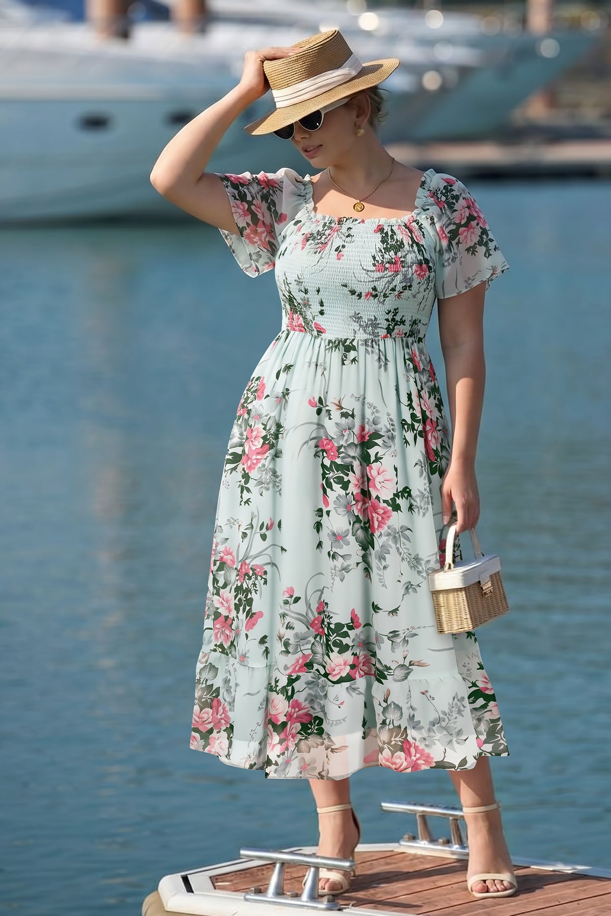 Floral Square Neck Smocked Lightweight Chiffon Midi Dress
